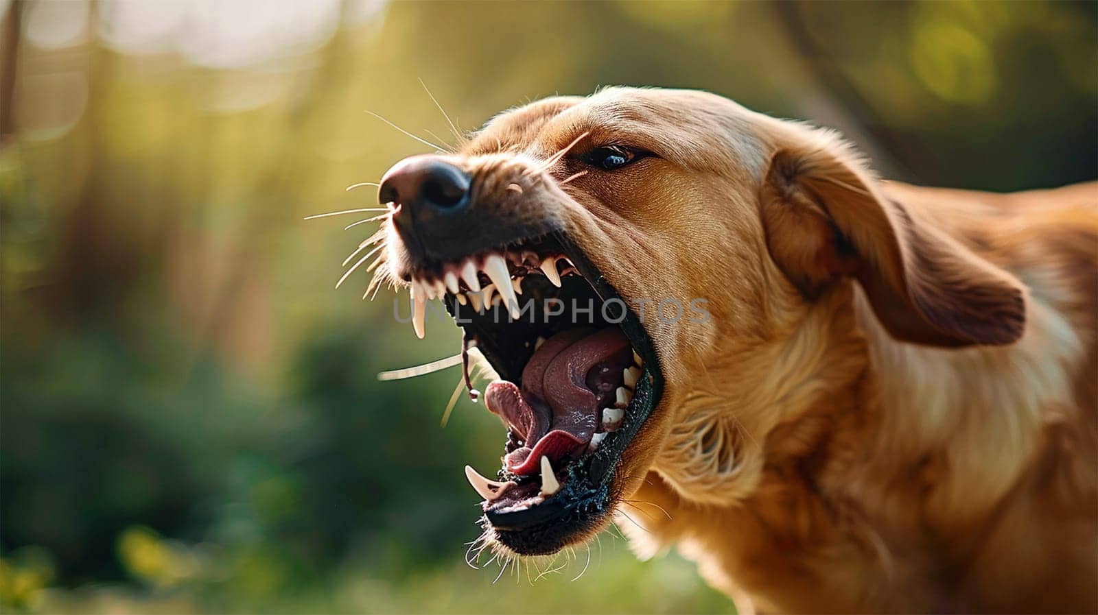 Aggressive dog shows dangerous teeth. Pet dog attack. Head detail Little blur panning move. vicious dog Copy space