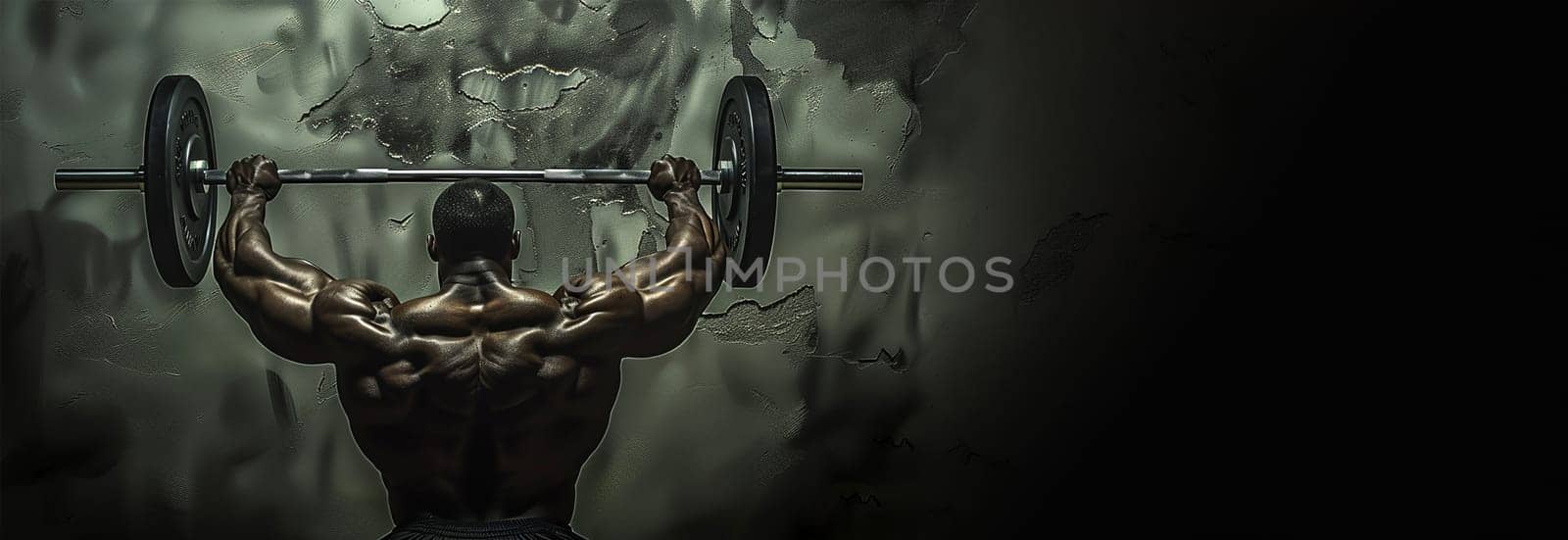 muscular man weight lifter. Muscular fitness man doing deadlift a barbell over his head in modern fitness center. Functional training. Snatch exercise. Athlete in the gym