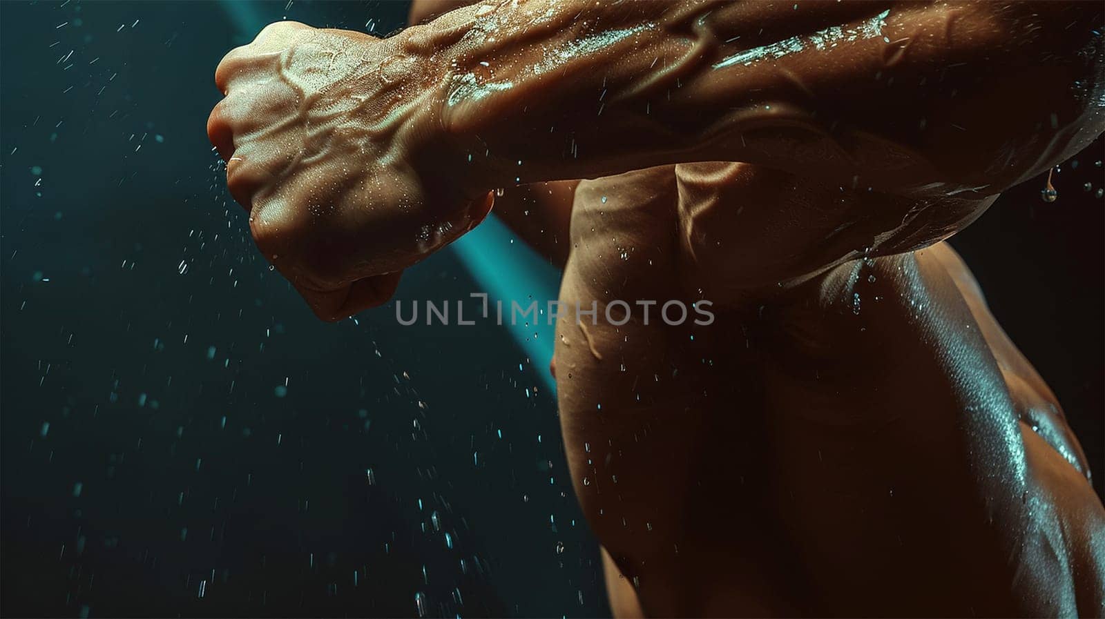 Close up bodybuilder biceps,shoulder,arm. Handsome power athletic man in training pumping up muscles. Strong bodybuilder with six pack, perfect abs, shoulders, biceps, triceps and chest.