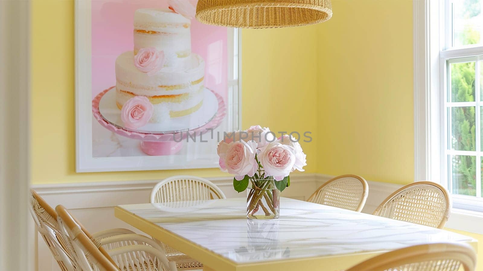 Cute dining corner with yellow wall and pink flowers. Cupcake on canvas frame. a dining table and chairs in a room with yellow walls, wood flooring and white trim on the walls Lovely home on a sunny day