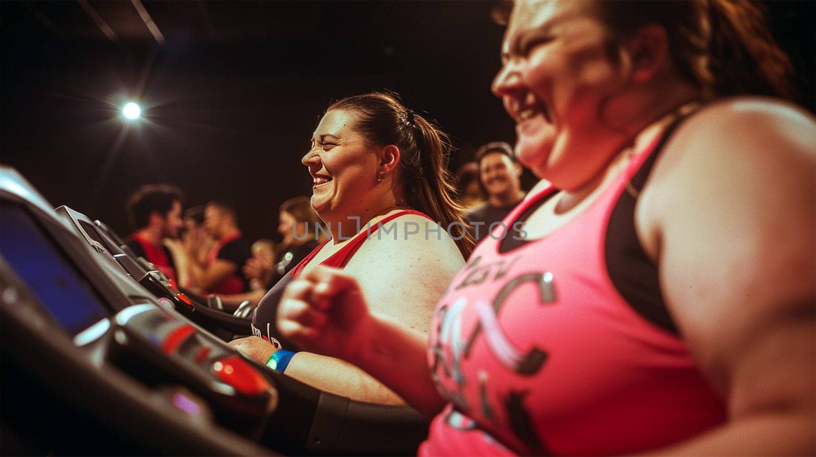 Overweight woman running at the gym. cute plump happy woman. Running on treadmill in fitness center. Exercise to achieve your weight loss goals. Overweight woman wearing sportswear, woman exercising in the gym.