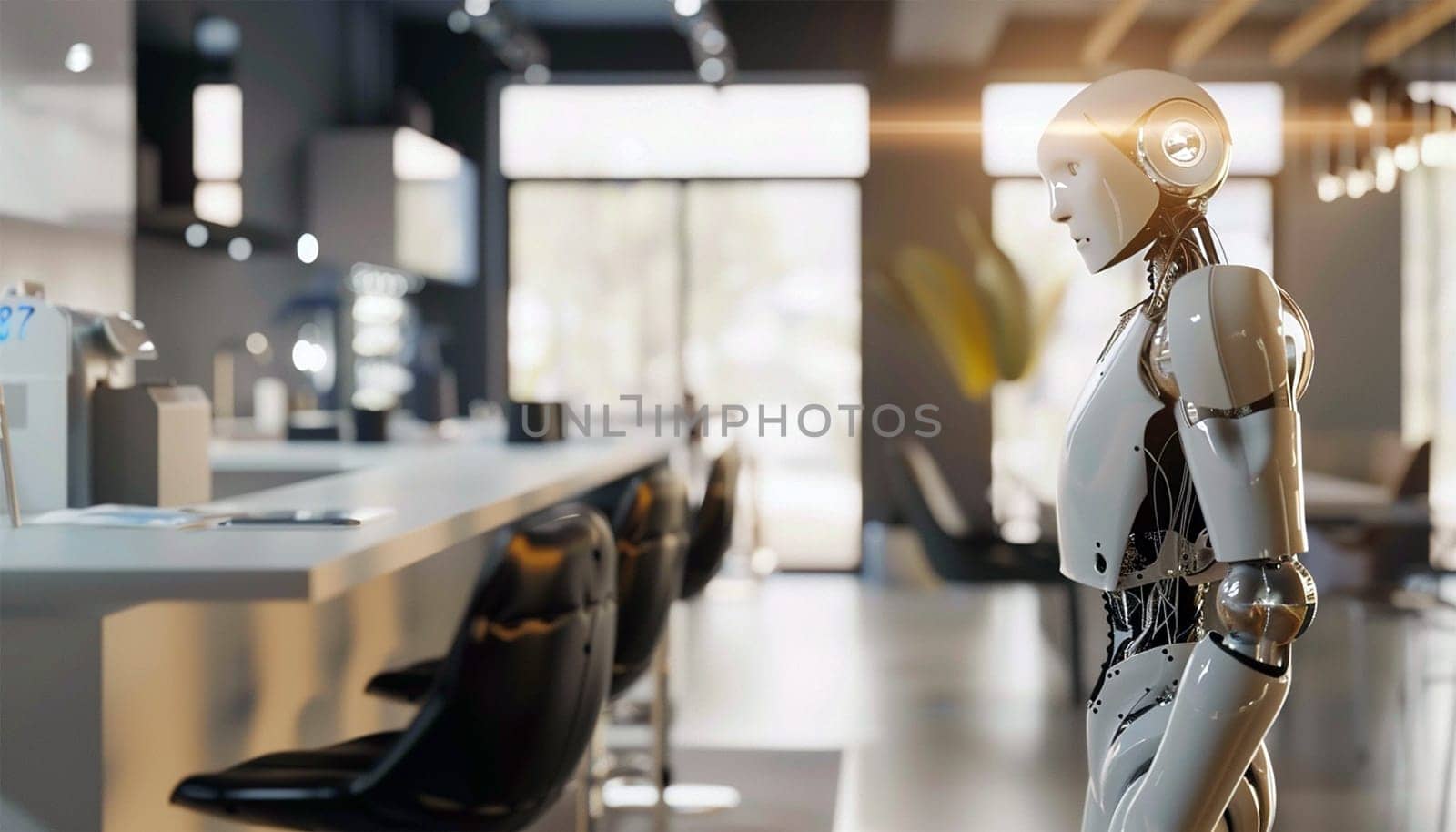 AI Artificial Intelligence Robot Head with digital graphic Brain Engine in modern city. 4k video Futuristic technology concept design cyber background