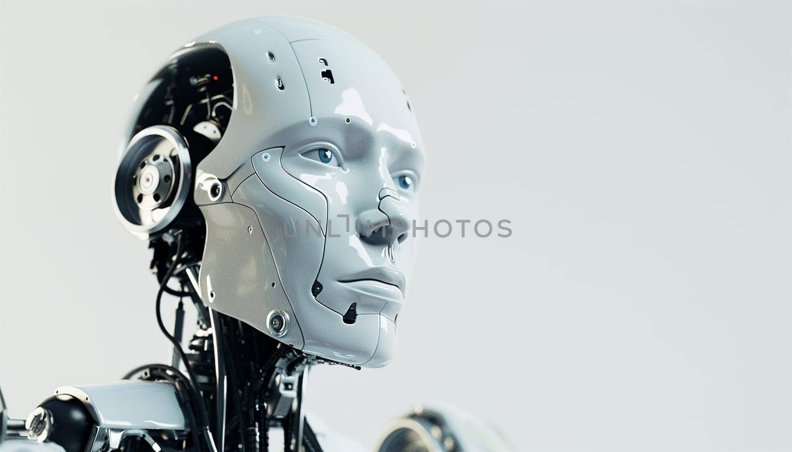 AI Artificial Intelligence Robot Head with digital graphic Brain Engine in modern city. 4k video Futuristic technology concept design cyber background
