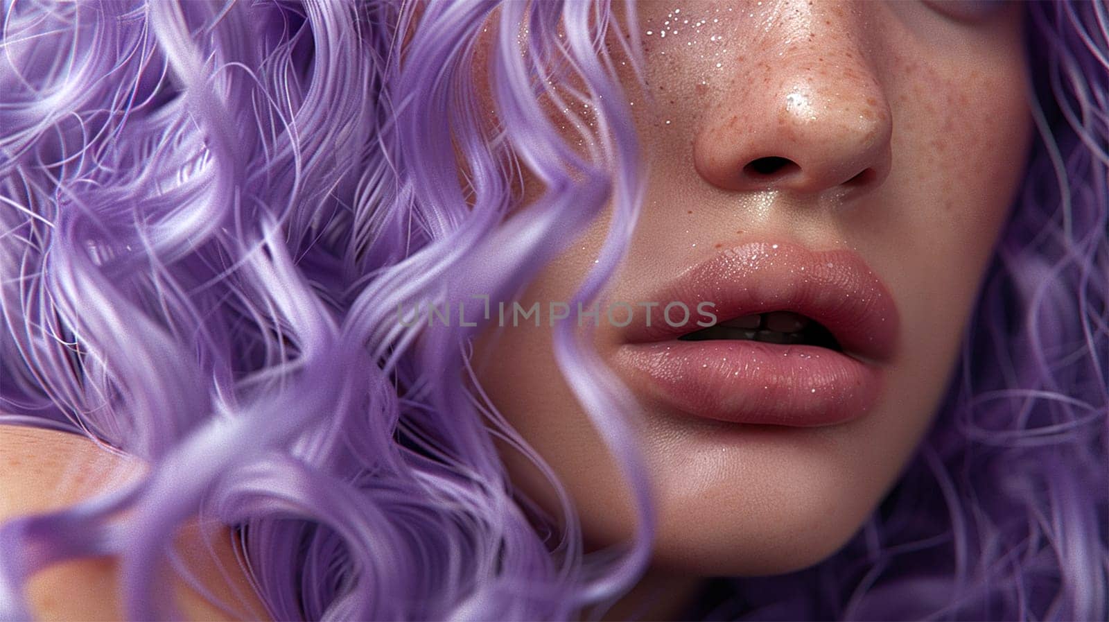 Beauty portrait of a teenager with freckles and purple hair. Attractive woman with purple hairstyle. Macro close up