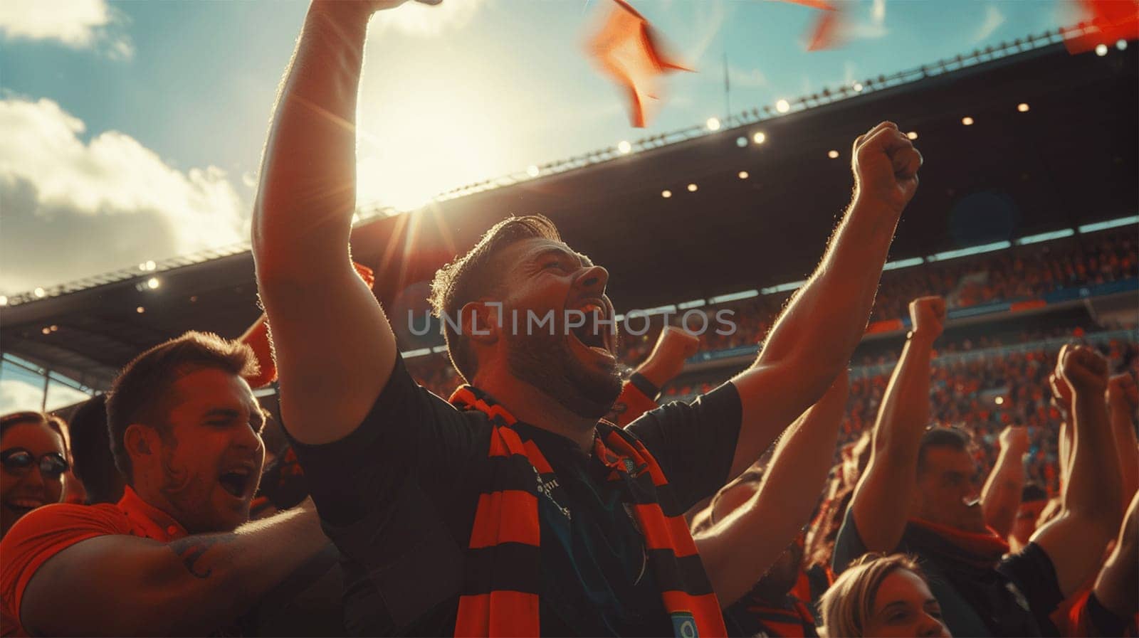 Establishing Shot of Fans Cheer for Their Team on a Stadium During Soccer Championship Match. Team Scores Goal, Crowds of Fans Scream, Celebrate Victory Win with Confetti. Football Cup Tournament.