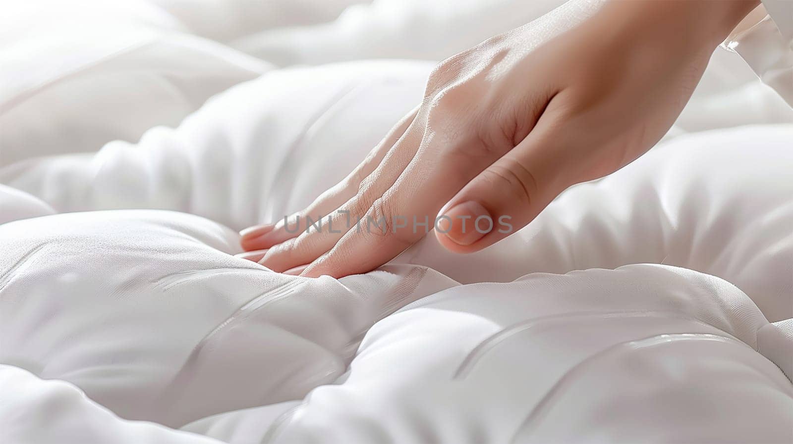 Woman touching soft white mattress indoors, closeup. Space for text . Enjoy good morning with comfy mattress bright light