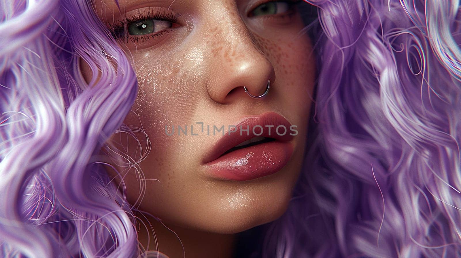Beauty portrait of a teenager with freckles and purple hair. Attractive woman with purple hairstyle. Macro close up