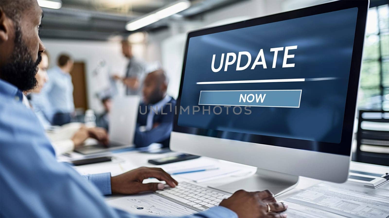 Business man updating his computer at the office. Man working and Installing update process with gearbox percentage progress and loading bar on laptop / computer screen at office