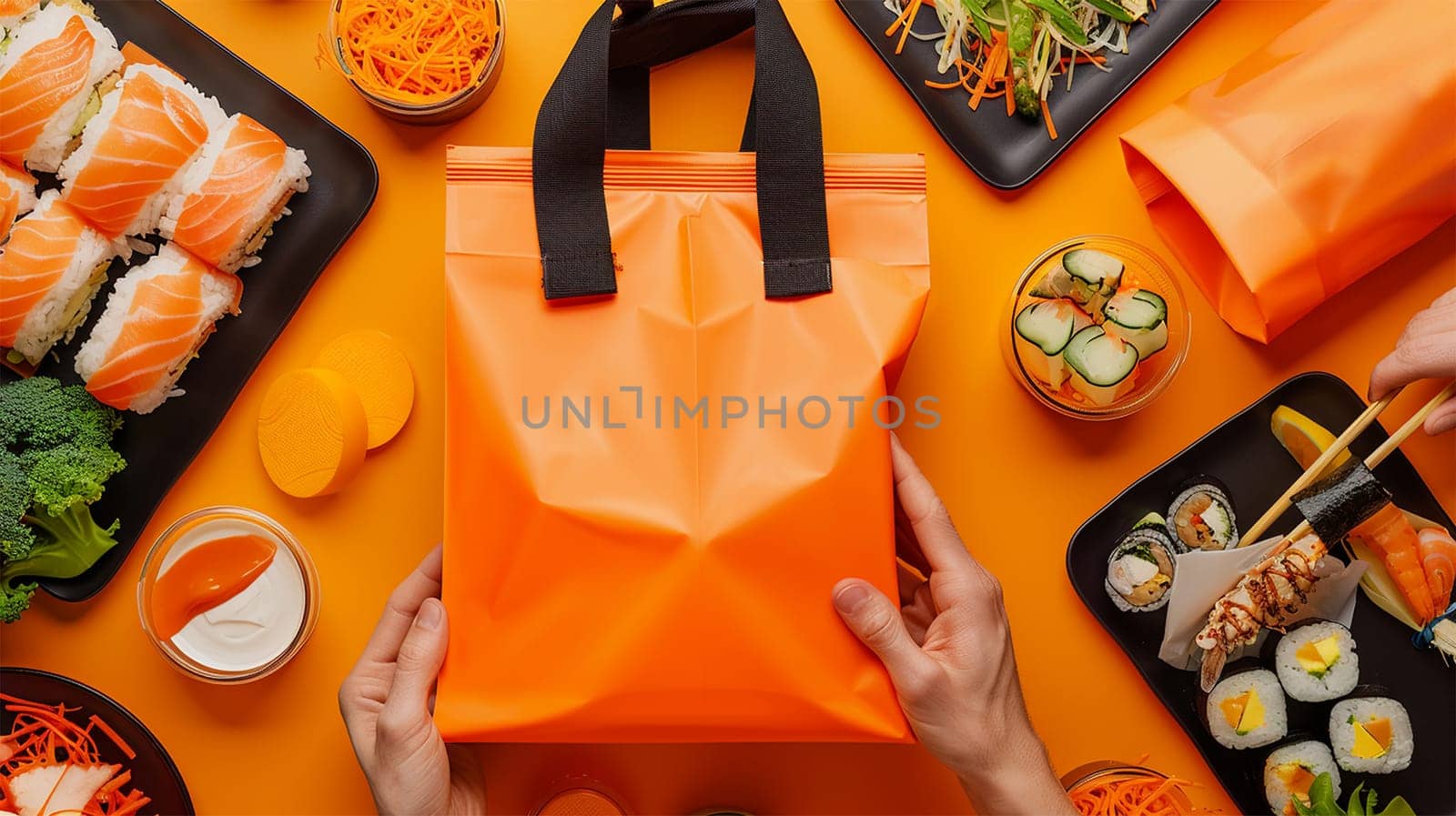 Sushi takeaway on orange table. Eating sushi for lunch break or diner, lunch meal at work, eating at work. Takeout bag Orange