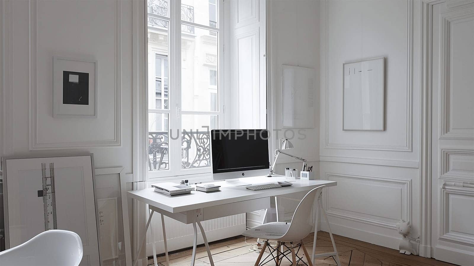 Modern computer on table in office interior. Stylish workplace. White home design. Comfortable office or workplace cozy