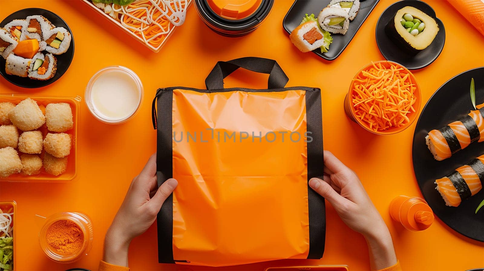 Sushi takeaway on orange table. Eating sushi for lunch break or diner, lunch meal at work, eating at work. Takeout bag Orange