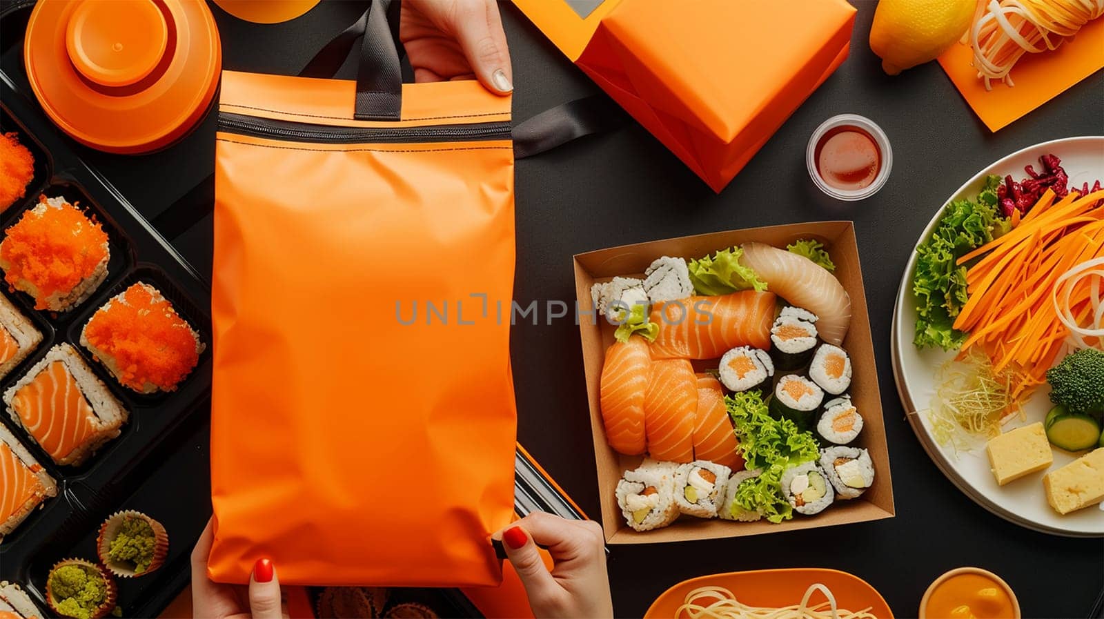 Sushi takeaway on orange table. Eating sushi for lunch break or diner, lunch meal at work, eating at work. Takeout bag Orange