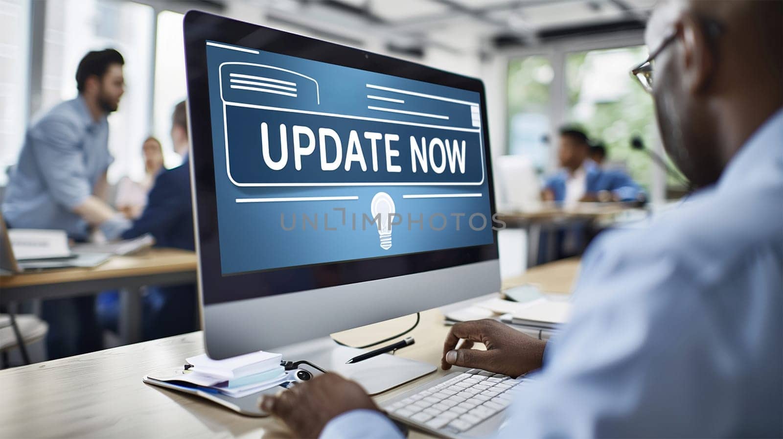 Business man updating his computer at the office. Man working and Installing update process with gearbox percentage progress and loading bar on laptop / computer screen at office