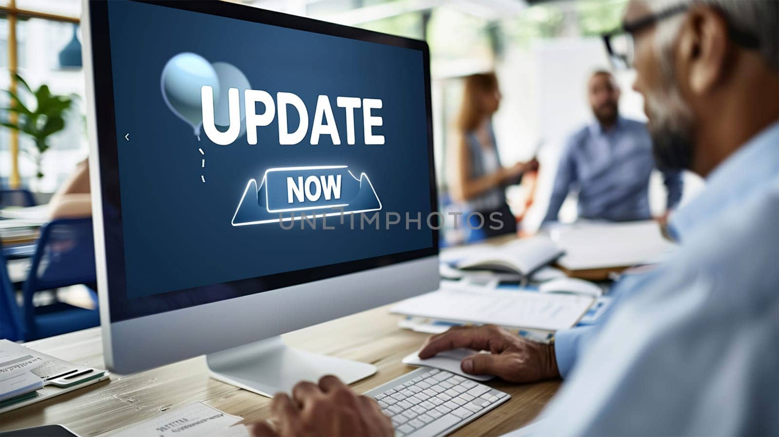 Business man updating his computer at the office. Man working and Installing update process with gearbox percentage progress and loading bar on laptop / computer screen at office