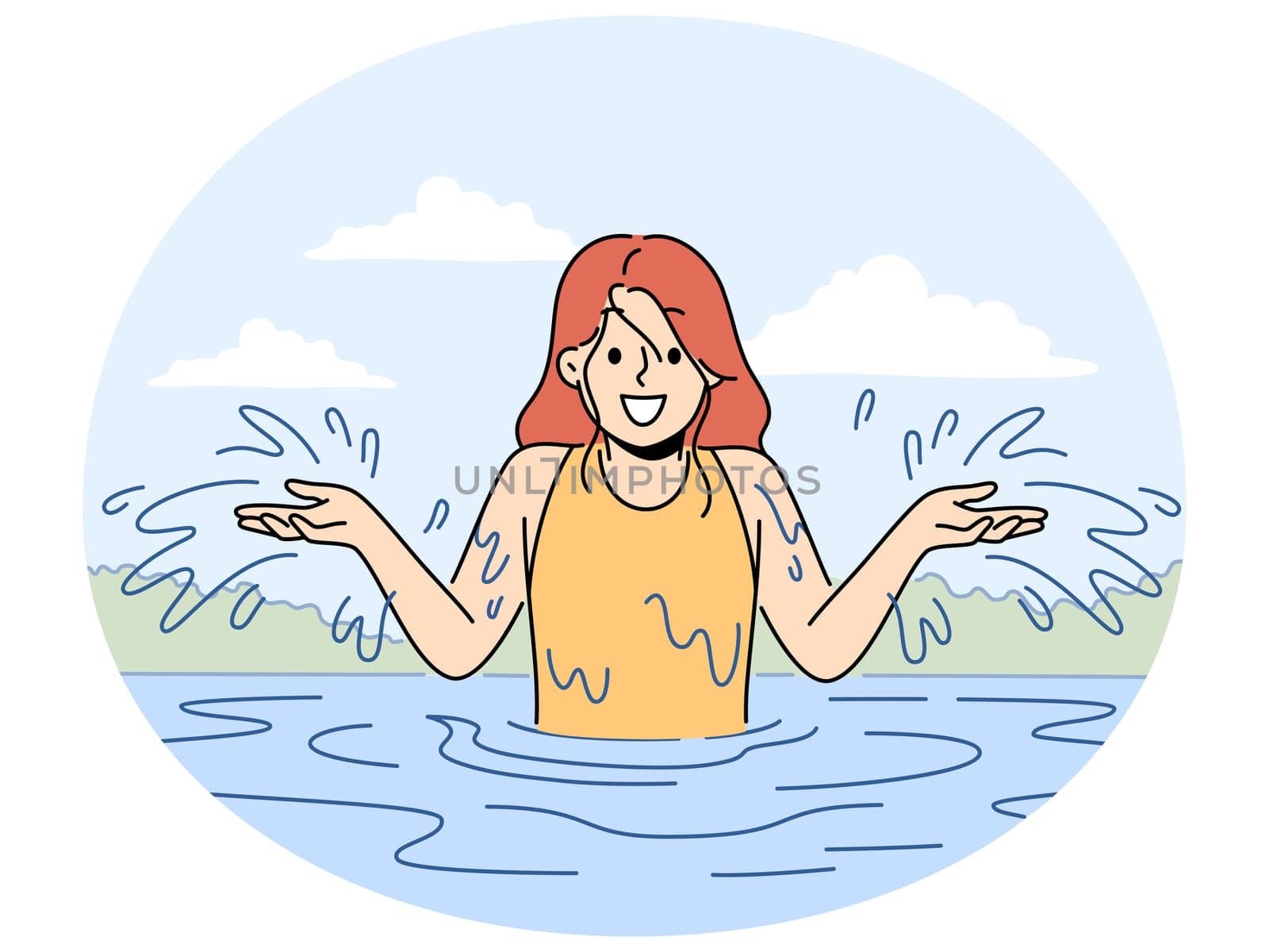 Smiling girl have fun splashing in water in summer. Happy child sailing playing in river in summertime. Childhood. Vector illustration.