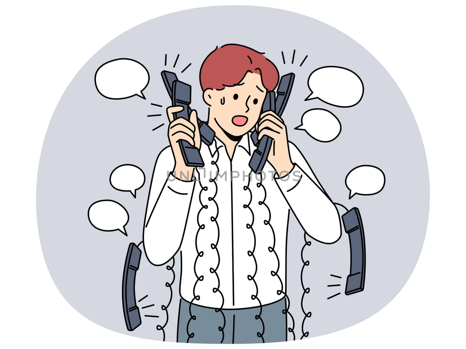 Stressed businessman with numerous headsets overwhelmed with phone calls in office. Exhausted male employee with telephones at workplace struggle with overwork. Vector illustration.