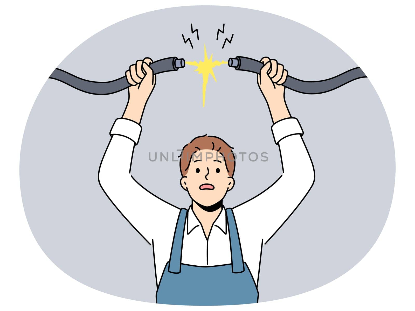 Male electrician in uniform connect cables. Scared mechanic plug join electrical wires. Electricity and power. Vector illustration.