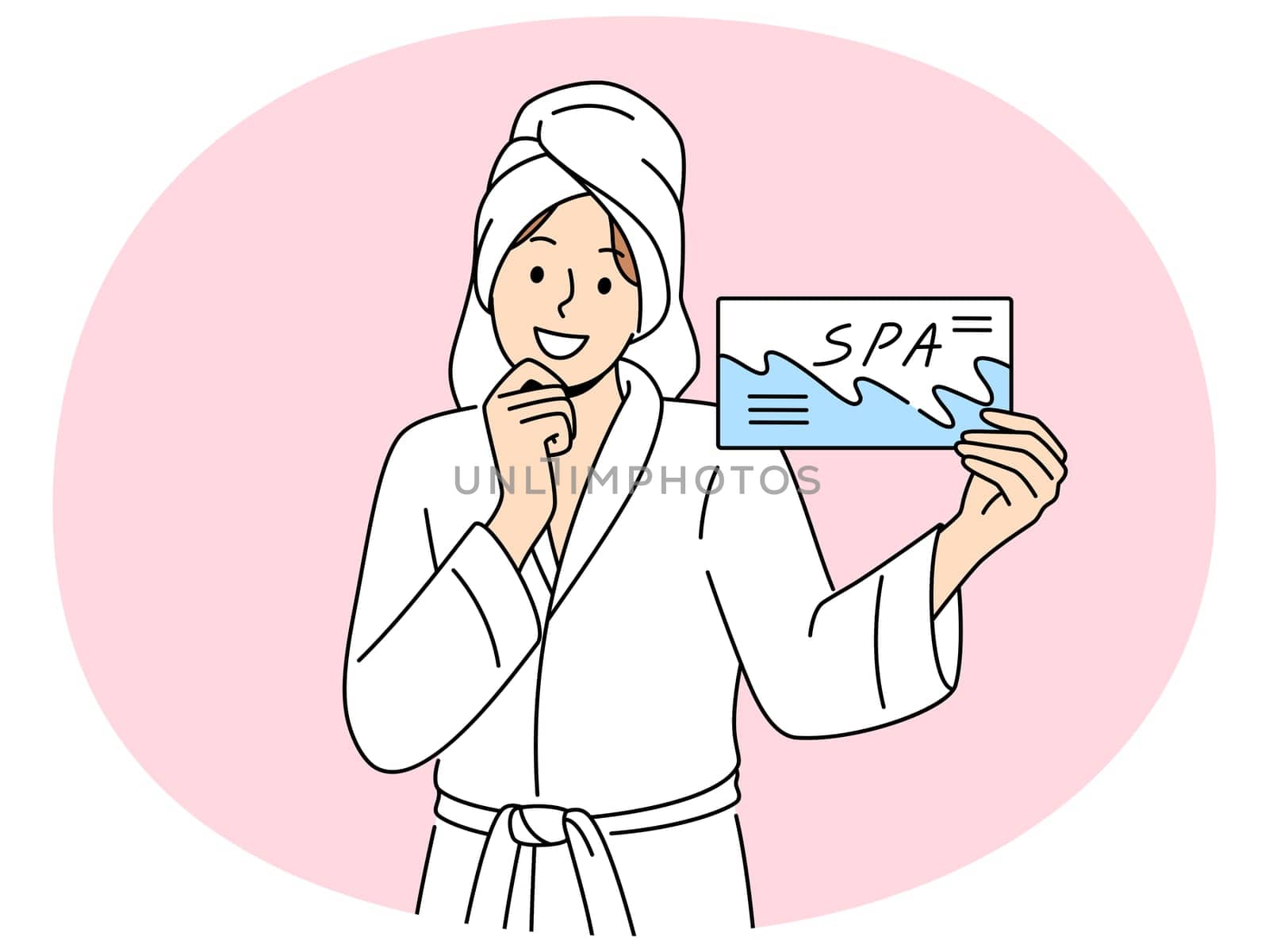 Smiling woman in bathrobe and towel on head holding spa center certificate. Happy female use beauty salon voucher for skincare procedures. Vector illustration.