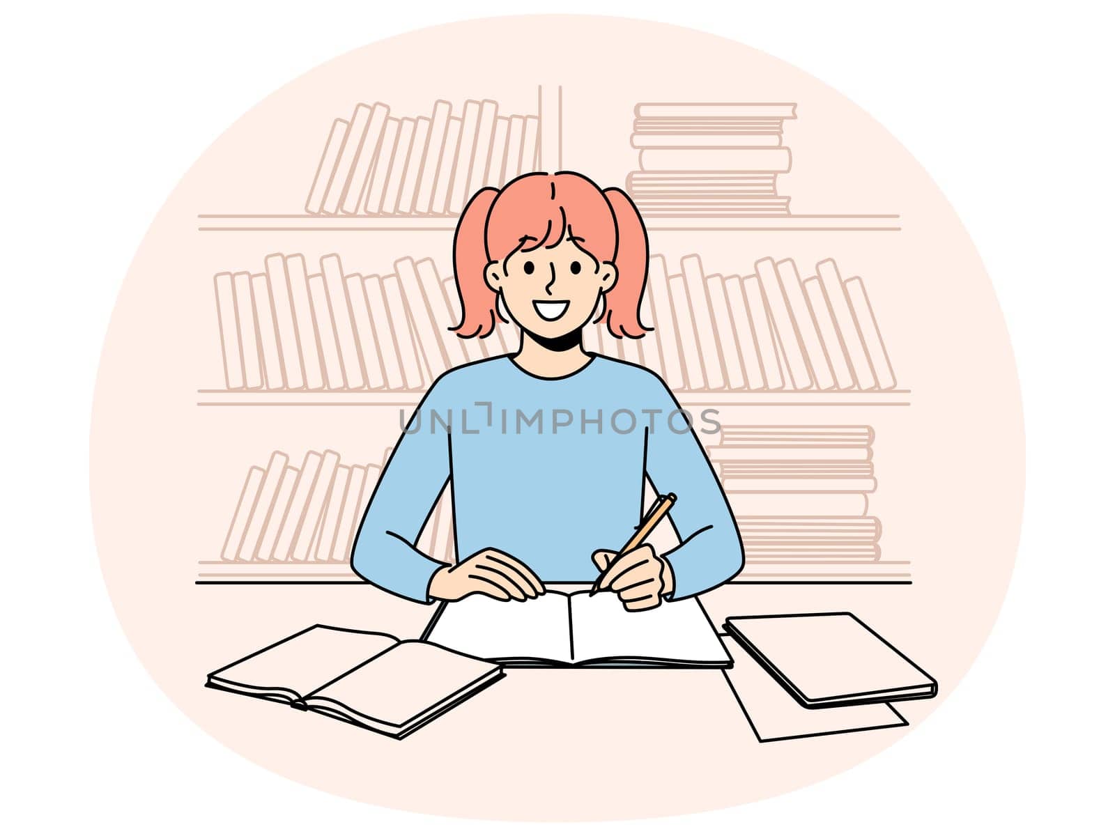 Smiling smart little girl sit at desk at home handwriting in exercise book preparing for school. Happy schoolgirl do homework at table. Study and learning. Vector illustration.