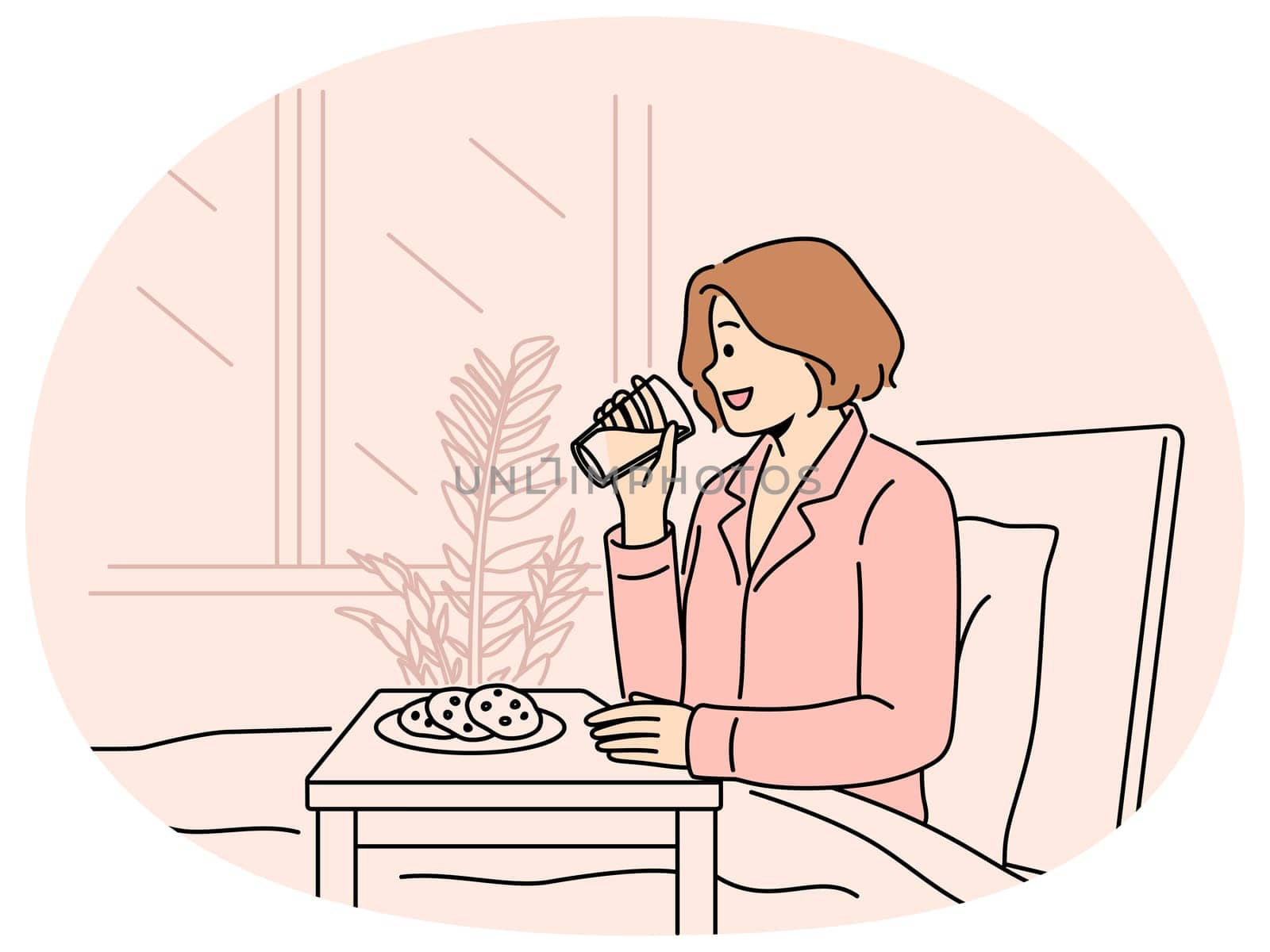 Happy woman in pajama having breakfast in bed at home. Smiling girl enjoy delicious food in hotel. Eating in bedroom. Weekend and dayoff. Vector illustration.