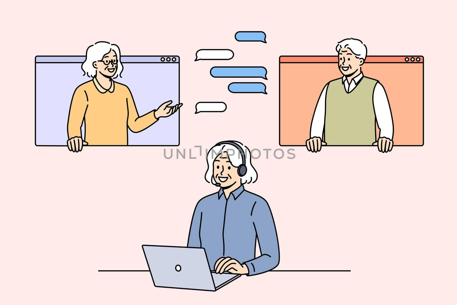 Elderly people participate in online negotiations through virtual chat, using laptop or looking out computer windows. Woman online support specialist responds to customers via text and audio messages