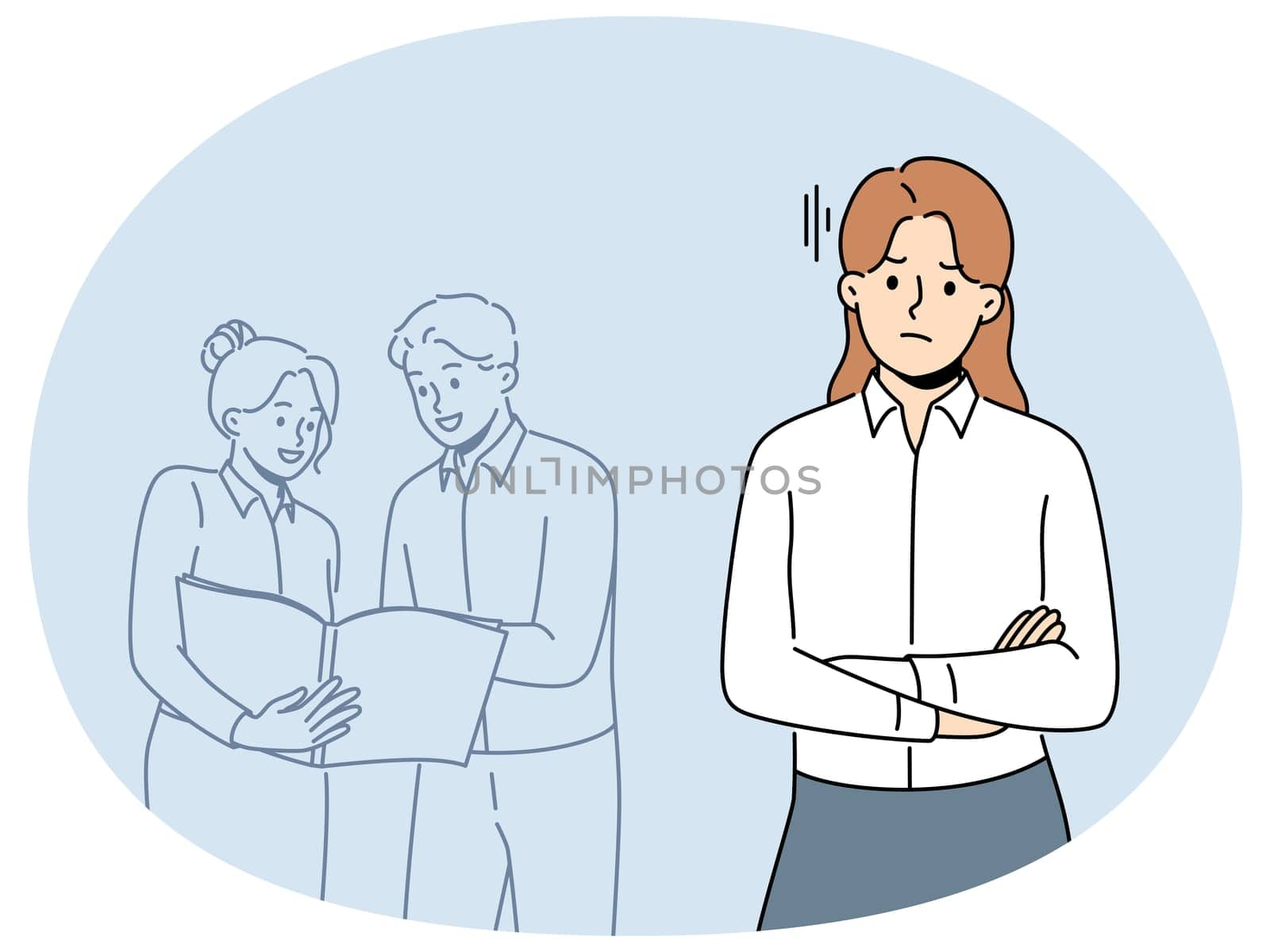 Unhappy female employee worry about colleagues talking in background. Upset angry woman worker bothered with coworkers engaged in teamwork. Vector illustration.