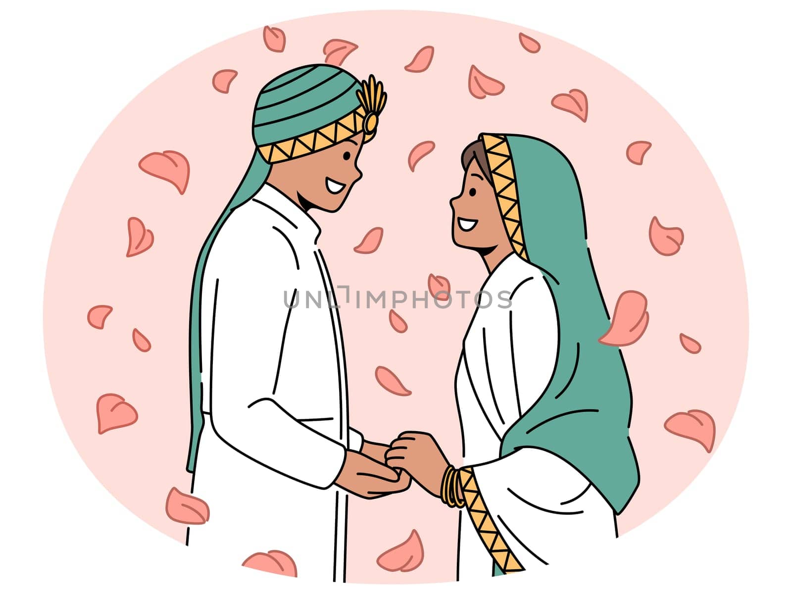 Smiling Arabic man and woman in traditional wedding costumes enjoy marriage ceremony. Happy bride and groom during cultural ethnic celebration. Vector illustration.