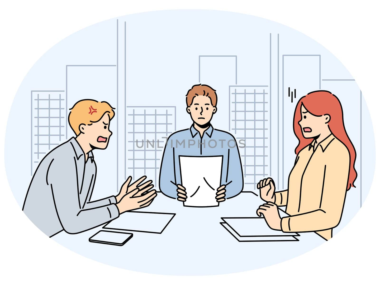 Angry couple sit at table in lawyer office arguing and shouting. Man and woman fight at meeting at notary workplace. Divorce and relationships. Vector illustration.