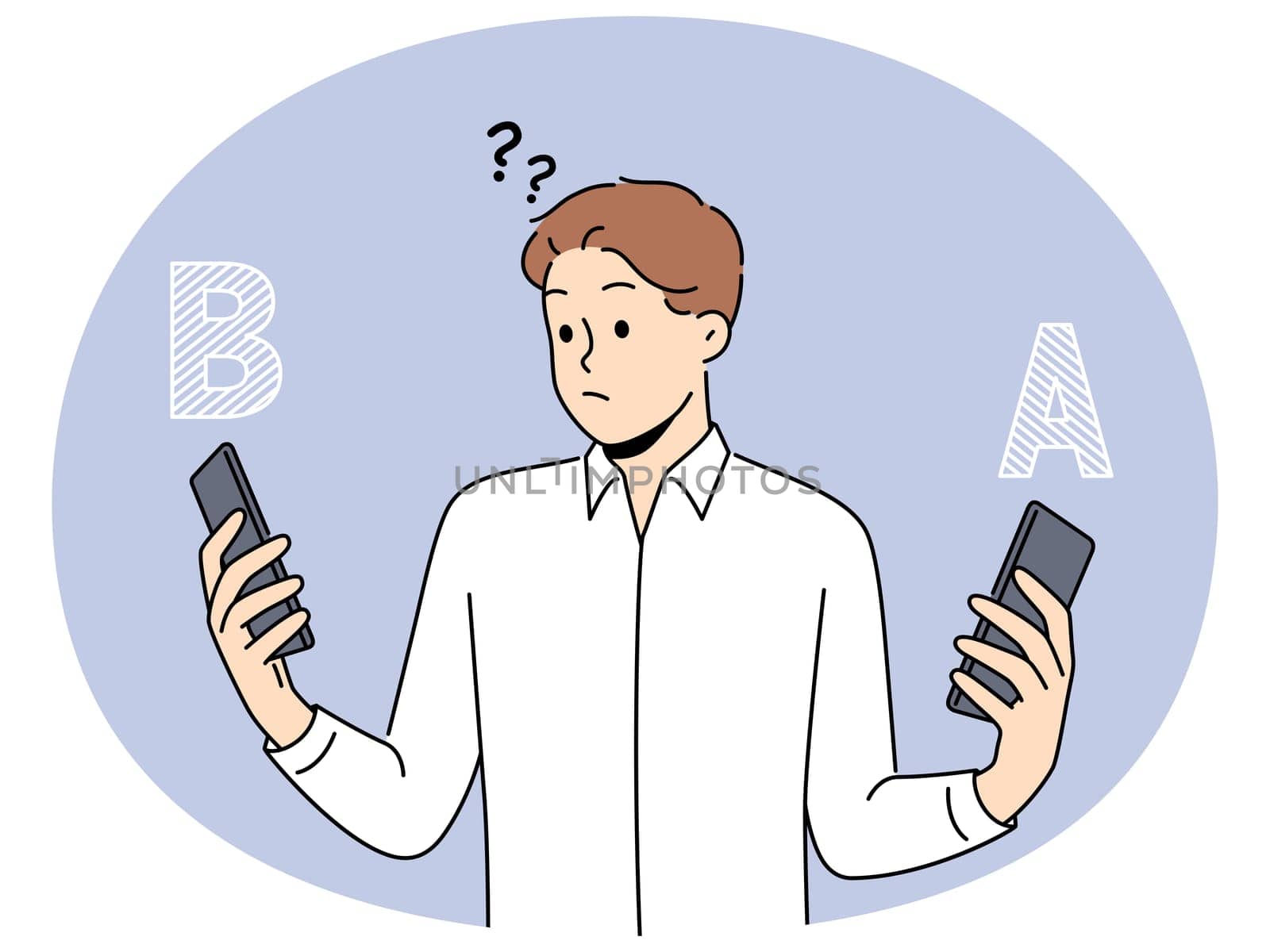 Confused man choose between different cellphones models. Frustrated male compare smartphone a and b. Technology and device comparison. Vector illustration.