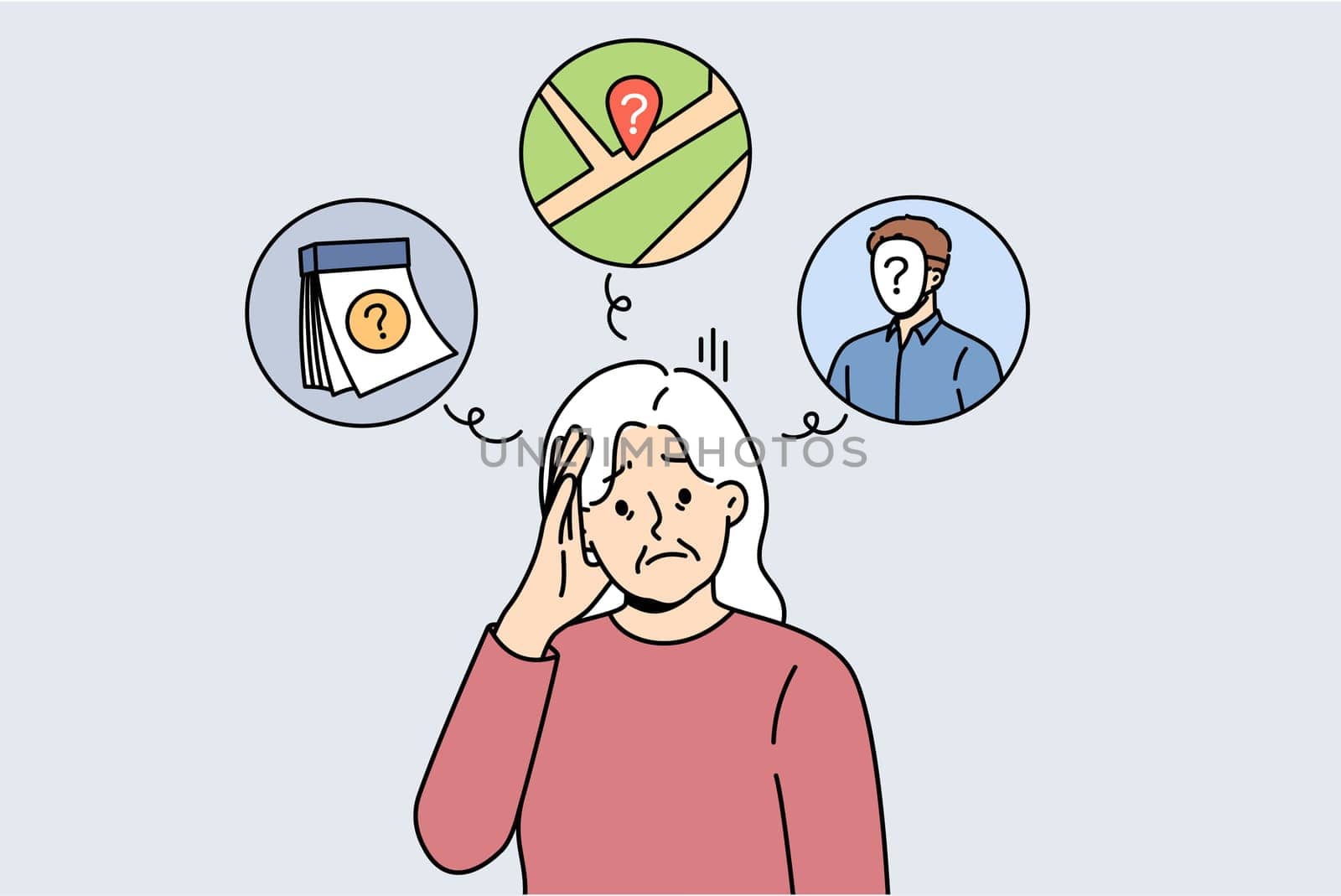 Alzheimer disease or dementia in old woman who forgets dates and faces or gets confused in space. Problem of alzheimer and lack of memory in elderly lady who does not take pills prescribed by doctor