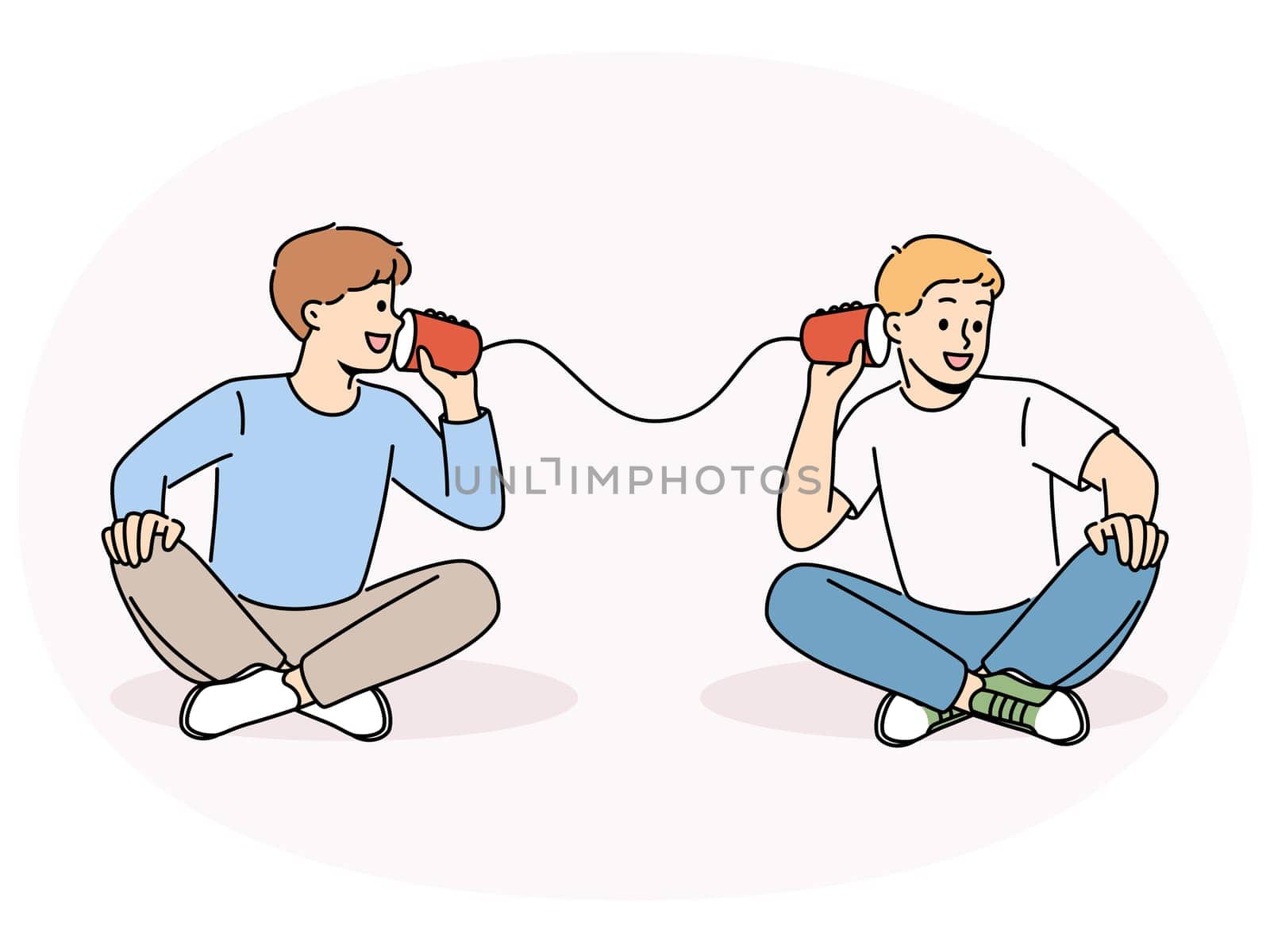 Smiling boys talk on tin can phone. Happy children have fun speak on handmade cups telephone. Childhood. Vector illustration.