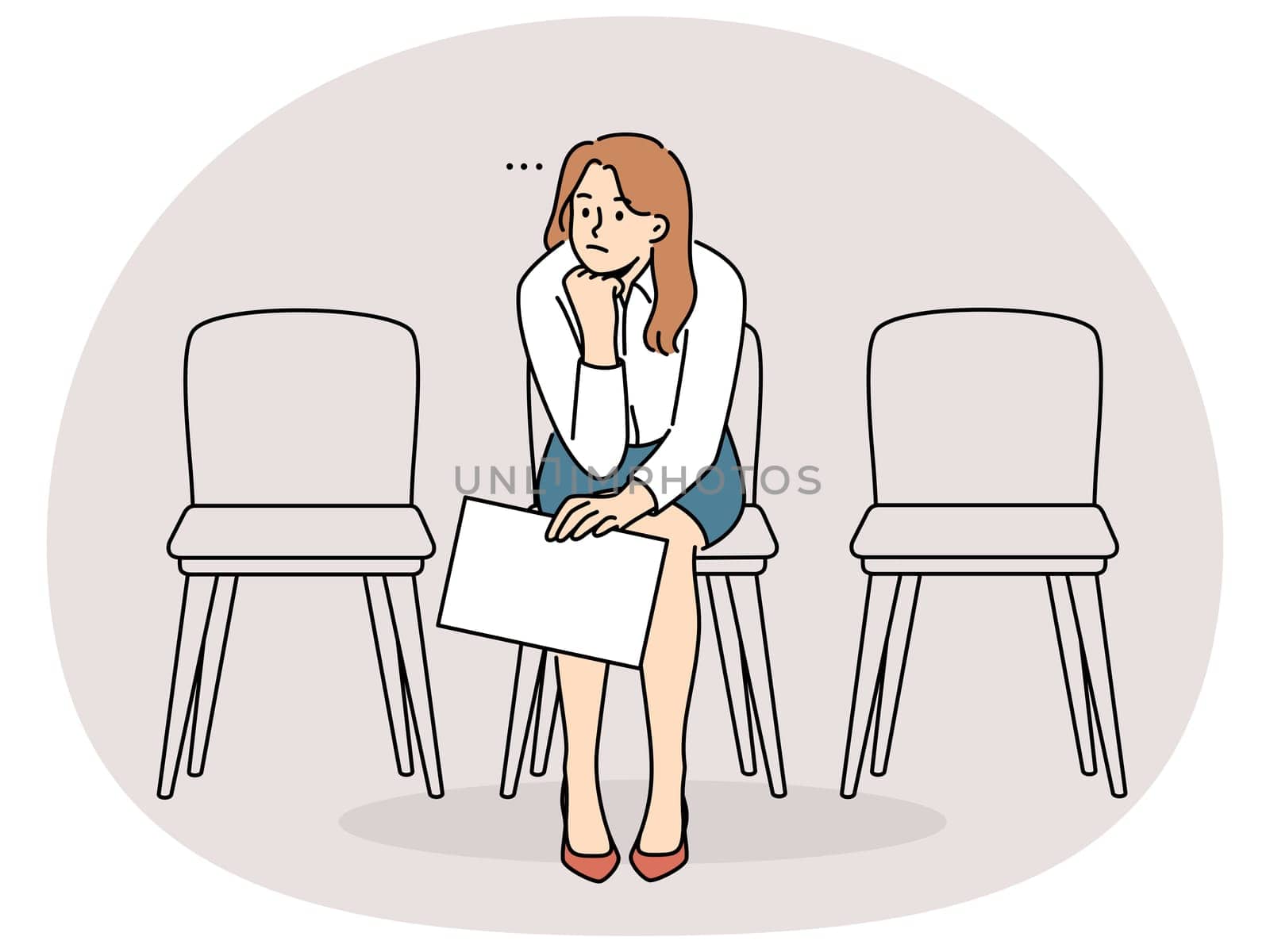 Bored businesswoman with document in hands sitting on chair in hallway waiting. Unhappy tired female employee with paperwork expect in hall. Vector illustration.
