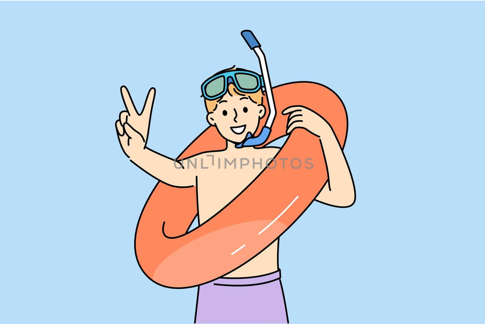 Little boy who loves to swim in pool with inflatable ring shows V gesture and looks at screen with smile. Teenage child comes to water park to swim and greets friends, anticipating fun.
