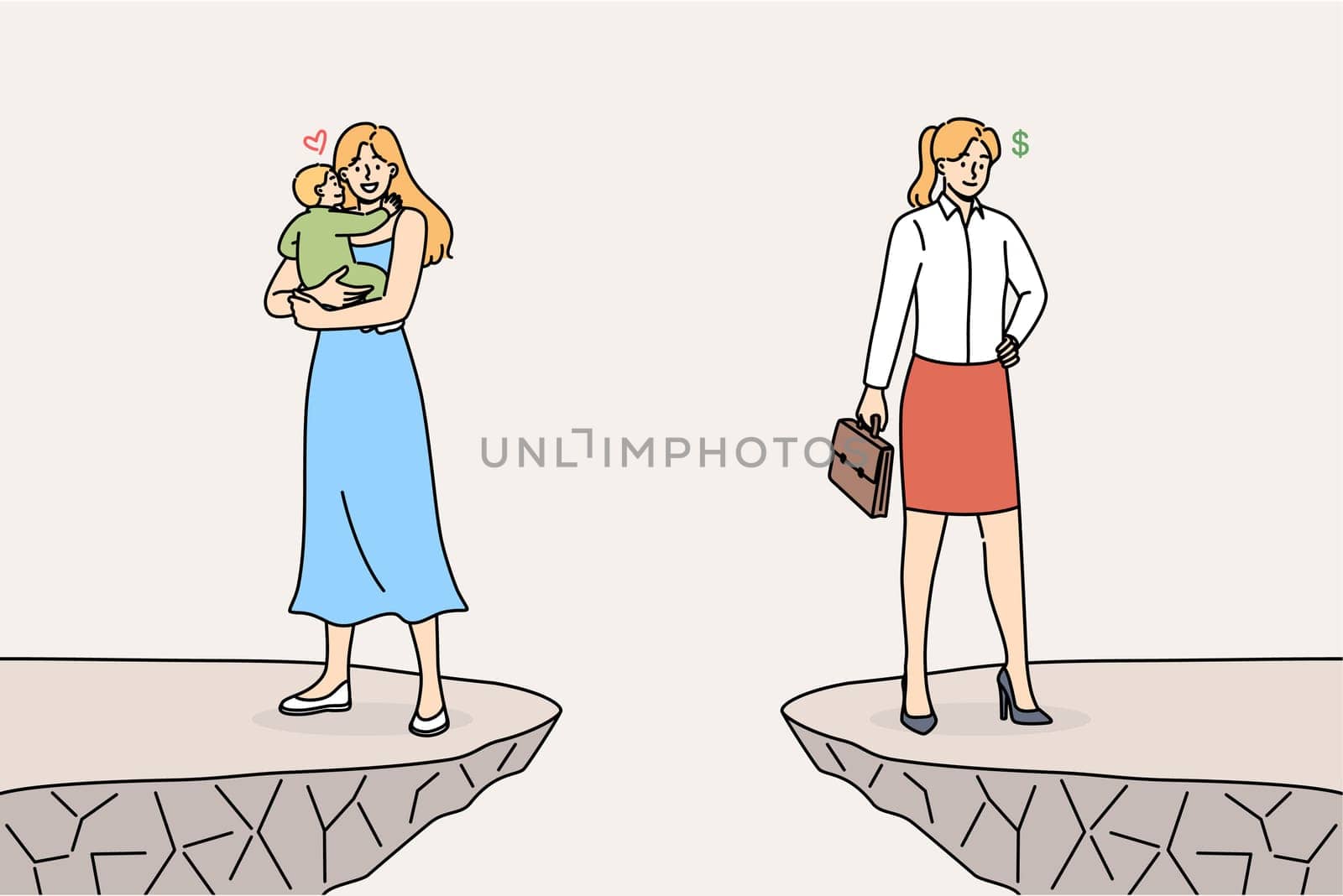 Priorities between family and career for woman who successfully combines raising child and business. Girl with baby or businesswoman stands on opposite rocks, discussing different priorities in life