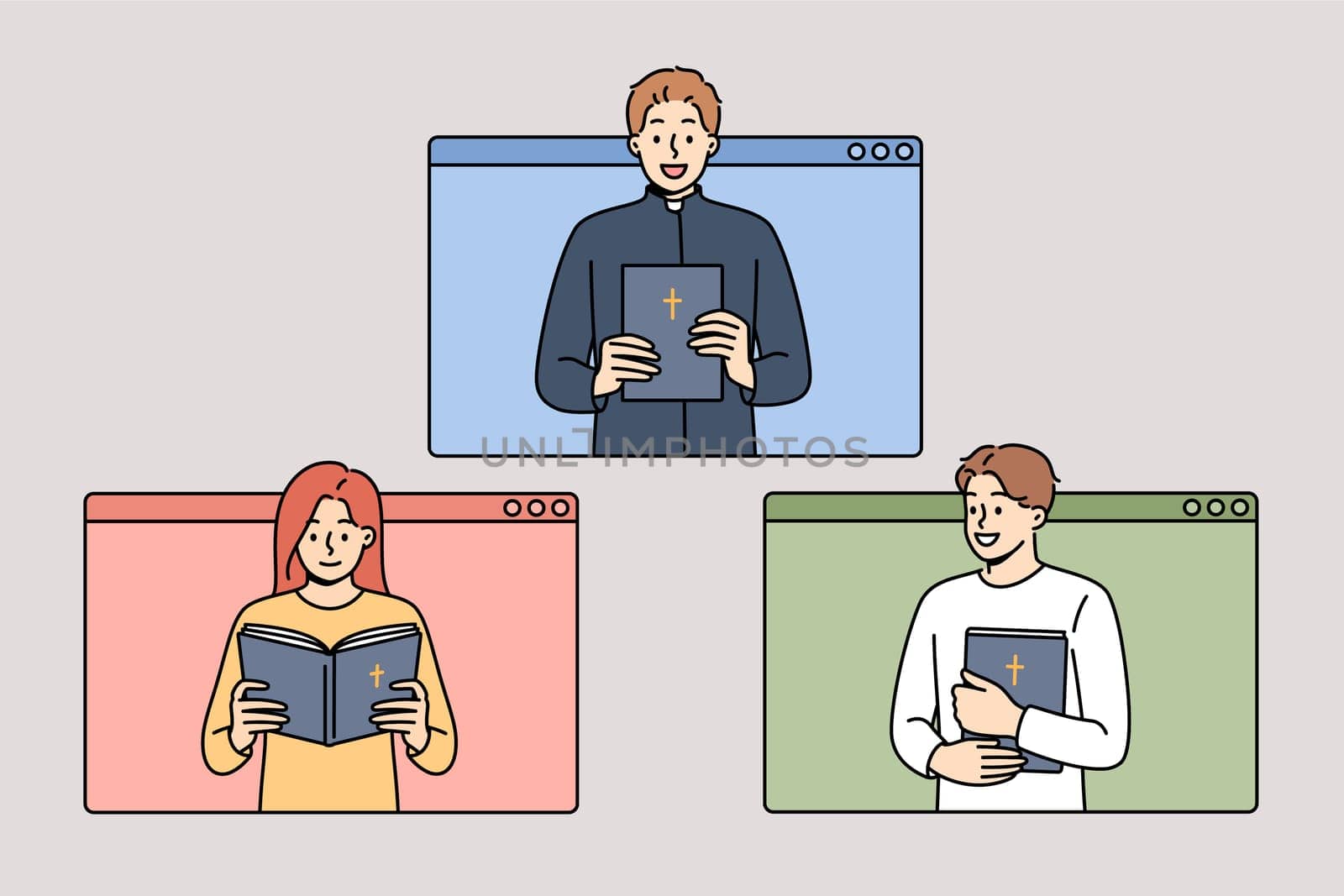 Online mass of priest reading bible with believers looking out of computer windows. People study christian and catholic or orthodox religion and prayer through remote mass on internet