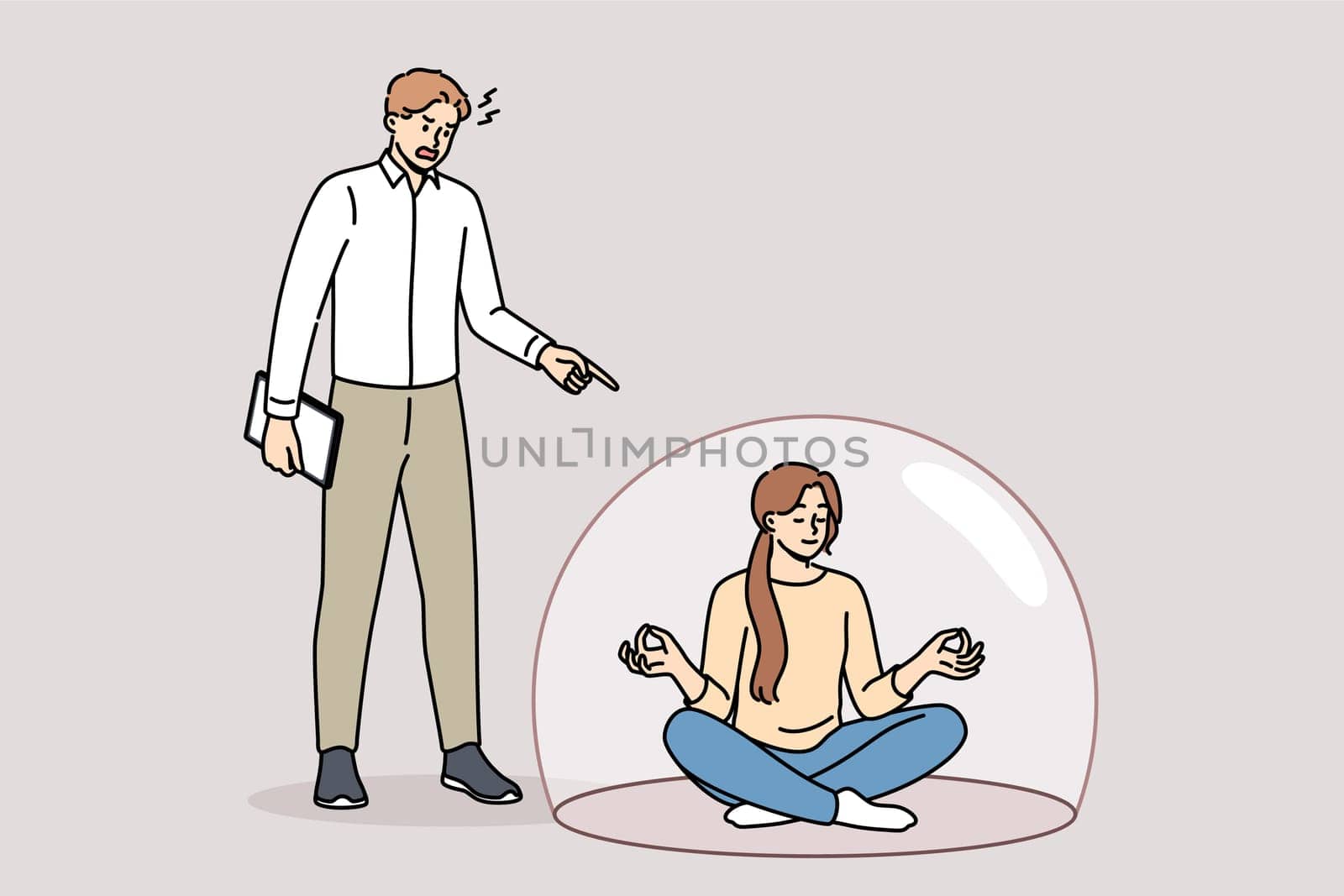 Woman meditates and does not pay attention to screaming boss, sits in lotus position in transparent cocoon. Girl meditates and practices zen buddhism to stay calm at work with toxic management.