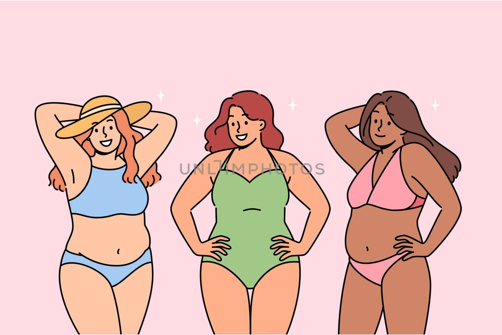 Body-positive women in swimsuits smile and call to abandon stereotypical opinions and body shaming. Attractive girls visiting sunny beach are preparing to sunbathe and swim in sea or ocean