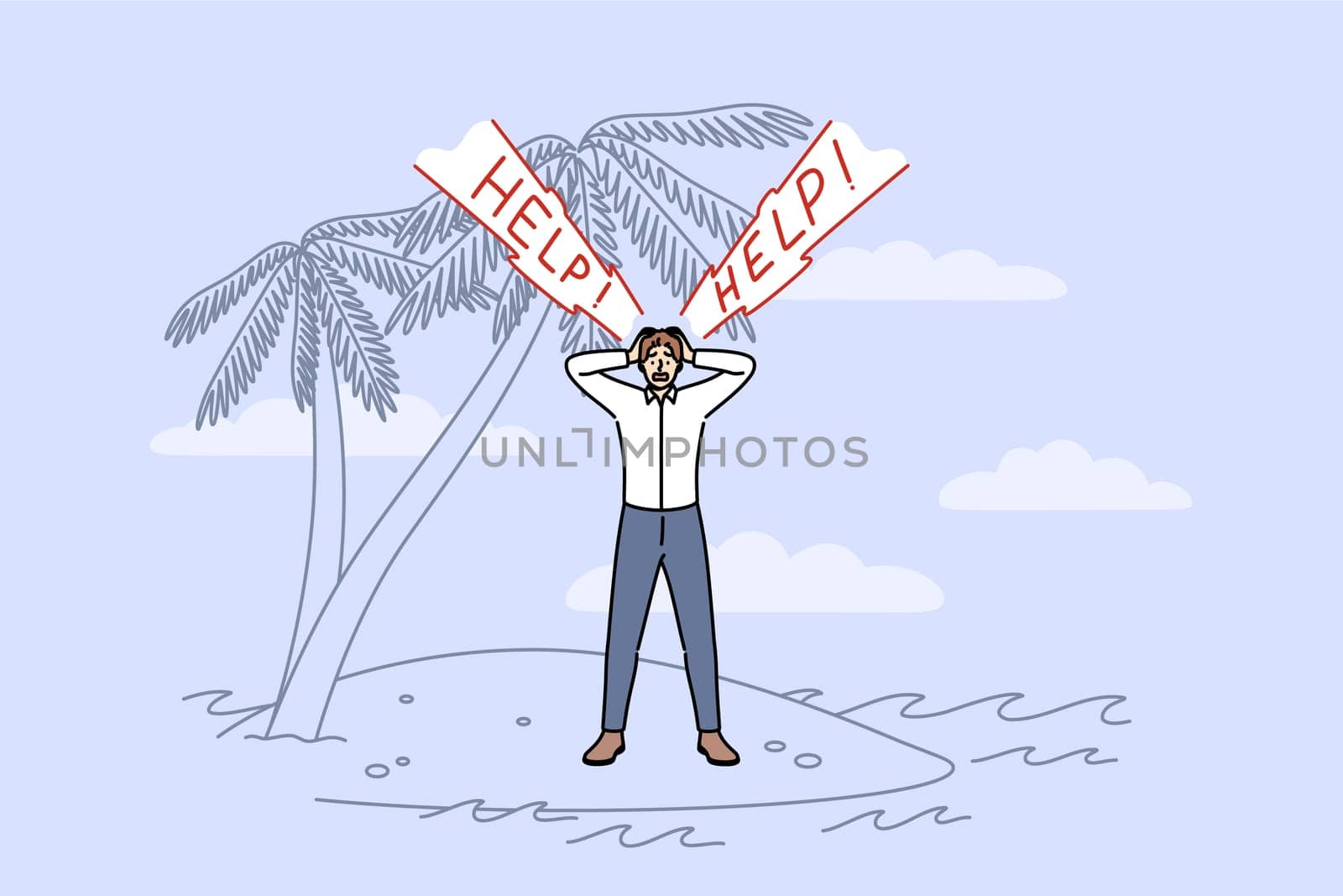 Business man shouts help standing on desert island, as metaphor for dismissal or bankruptcy. Panicking guy needs help to start over after startup collapses and financial recession.