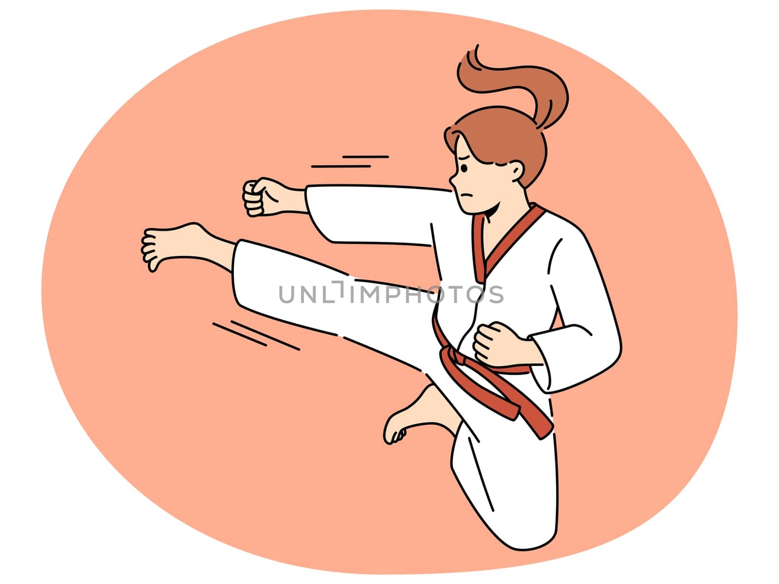 Woman in kimono exercising karate on ring. Strong powerful girl in special uniform practice martial arts. Sport and hobby. Vector illustration.