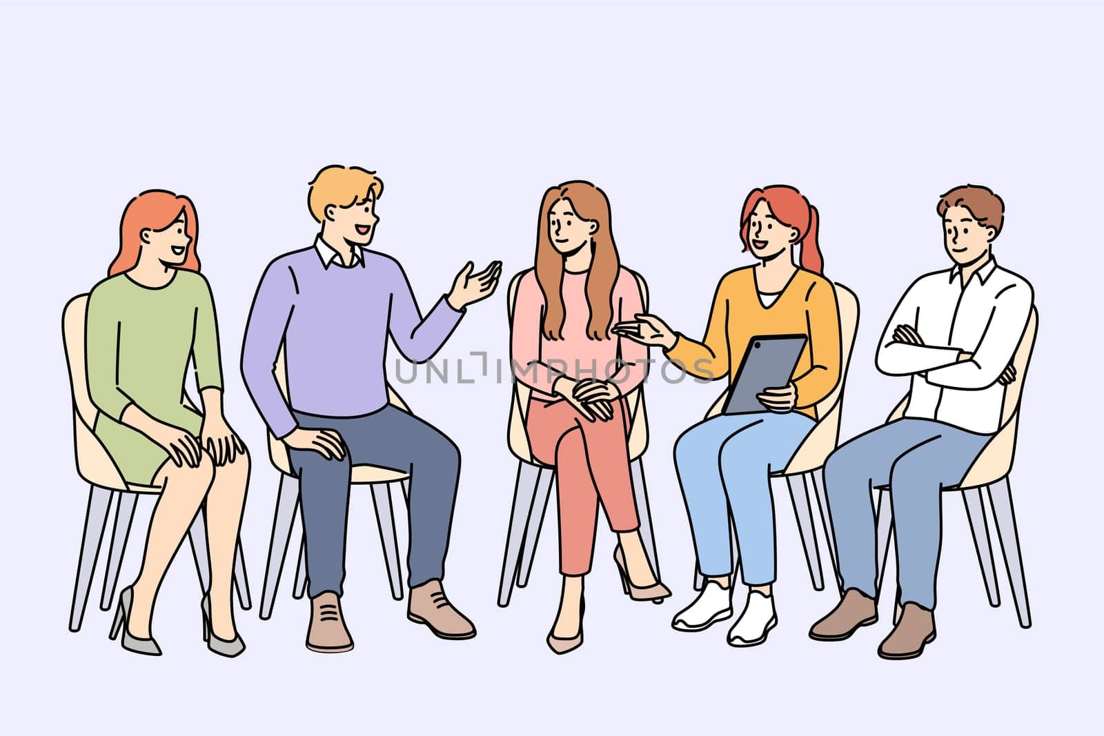 Group psychotherapy in alcoholics anonymous club discussing consequences of giving up beer and vodka. People sit on chairs arranged in semicircle during group psychotherapy session