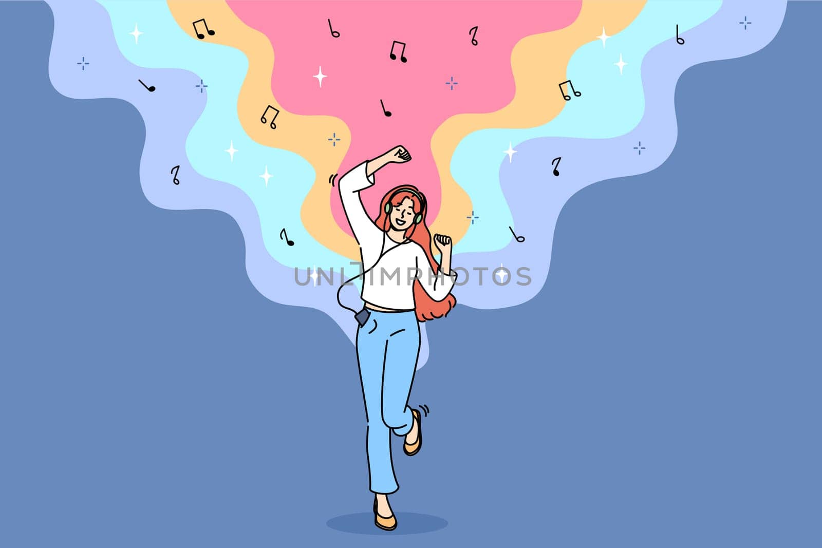 Teenage woman listens to music on headphones and dances rhythmically with hands, and uses phone with wired headset. Energetic girl with music player enjoys latest album of favorite rock band