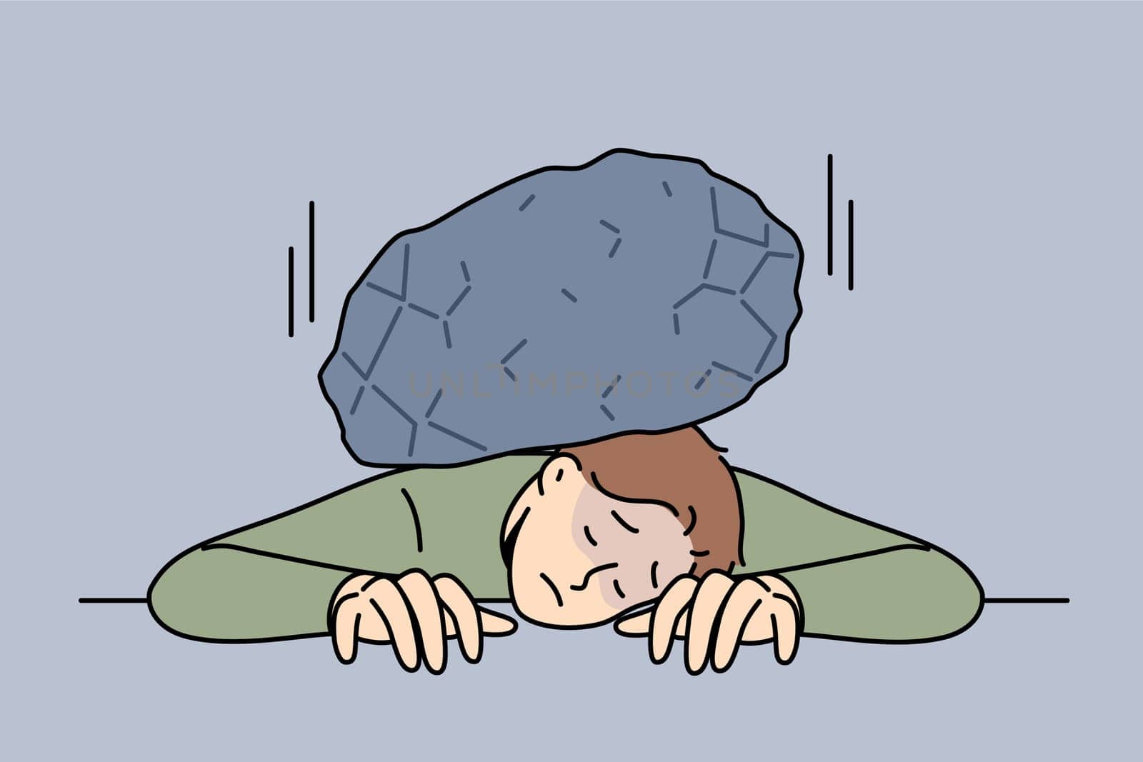 Huge load of stone lies on man back, putting pressure on tired clerk in need of help. Guy suffers from overload due to overwork and strict deadlines imposed by customer who wants to make more profit