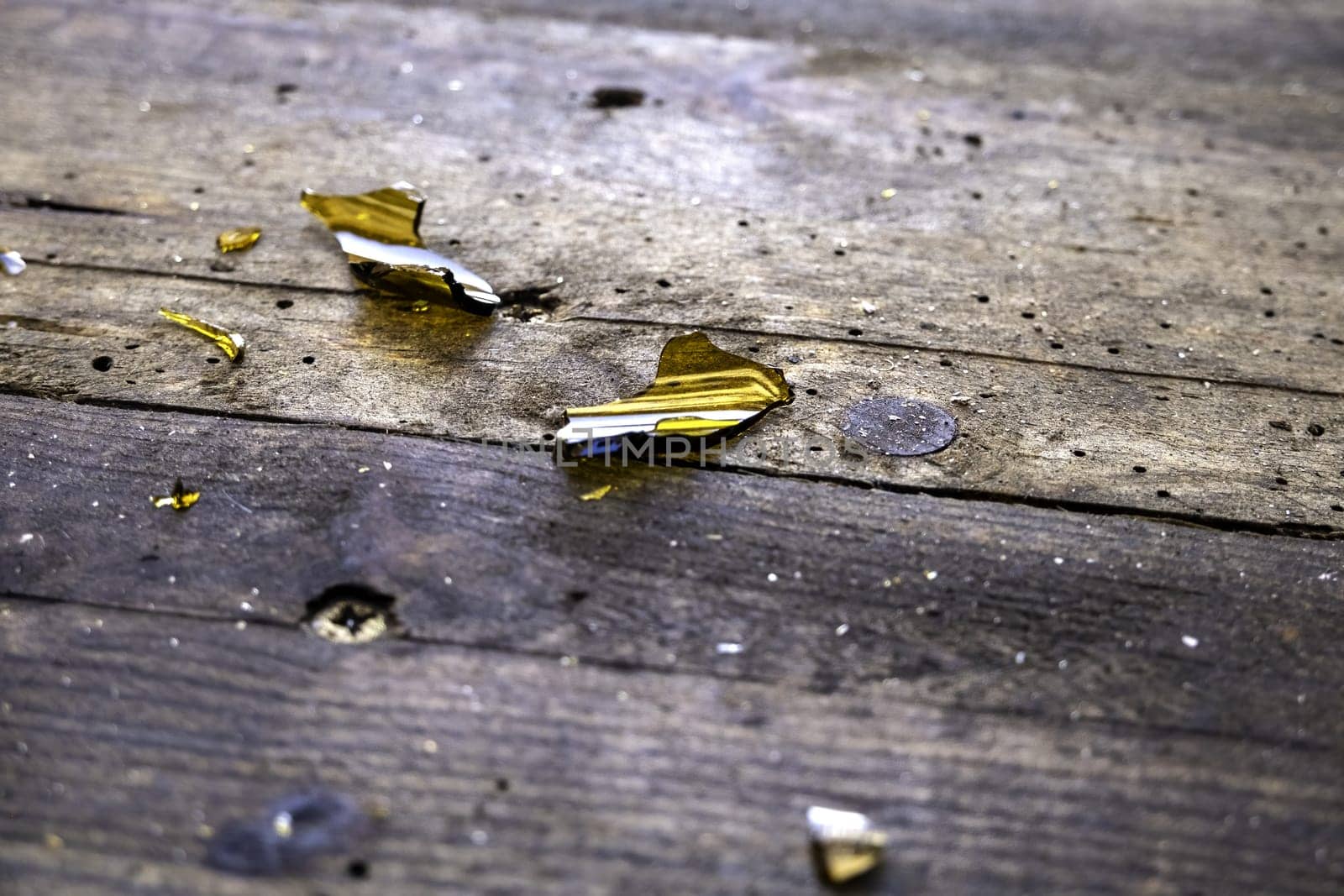 Detail of broken glass thrown in the trash, crime