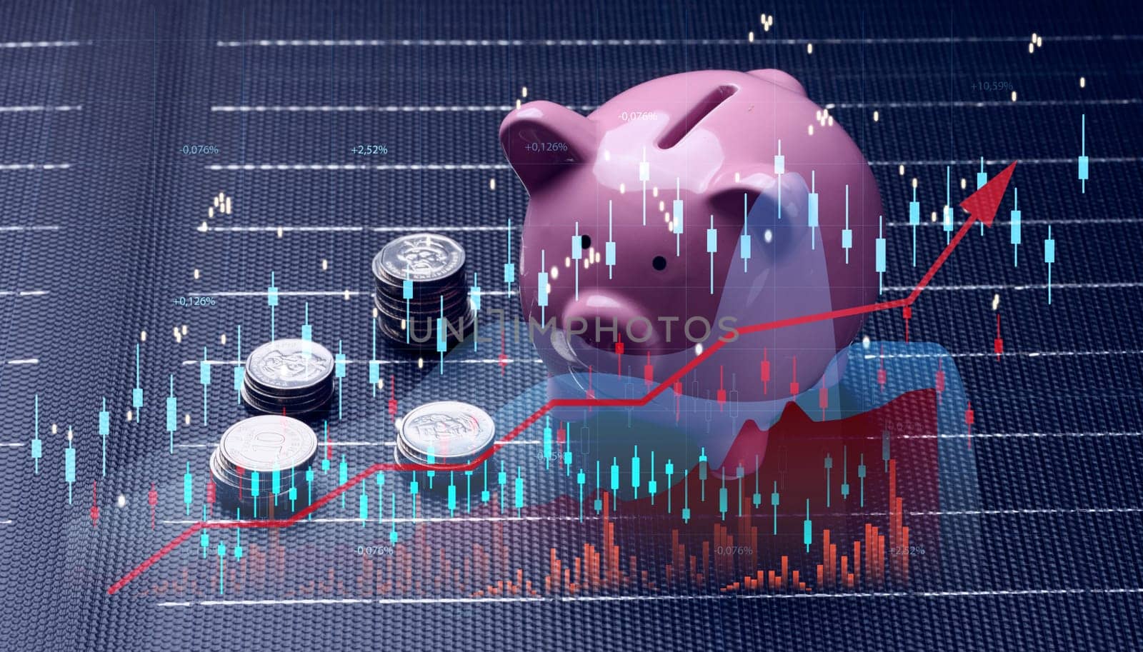 A stack of coins and a ceramic piggy bank stands on a solar panel, a graph showing savings when using renewable electricity