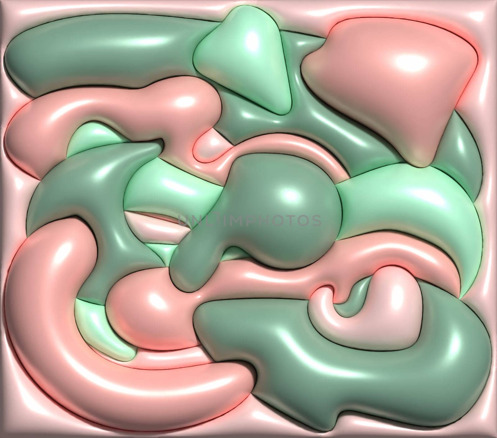 Various green and pink shiny figures on a pink background, 3D rendering illustration