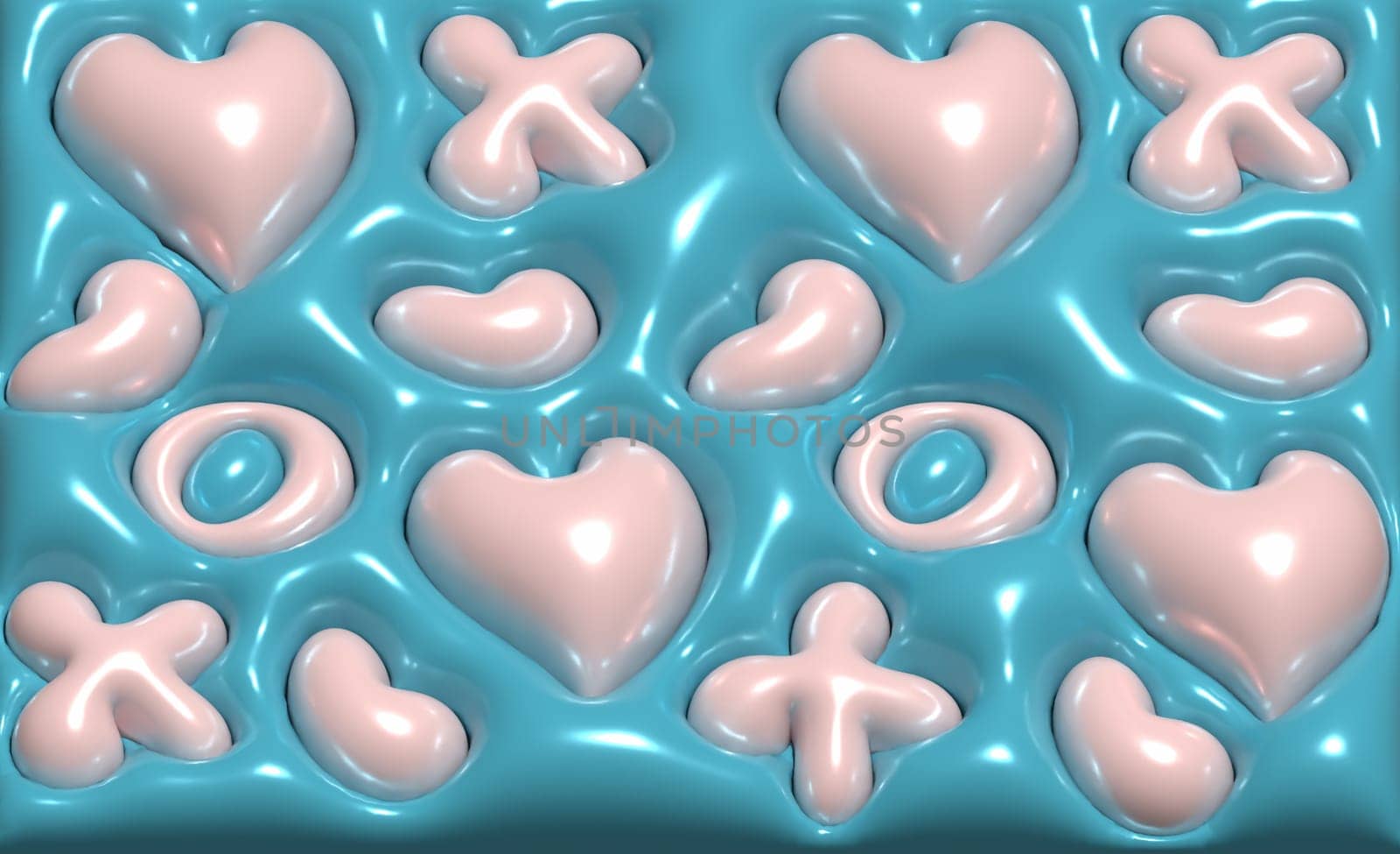 Blue shiny background with various volumetric shapes, 3D rendering illustration