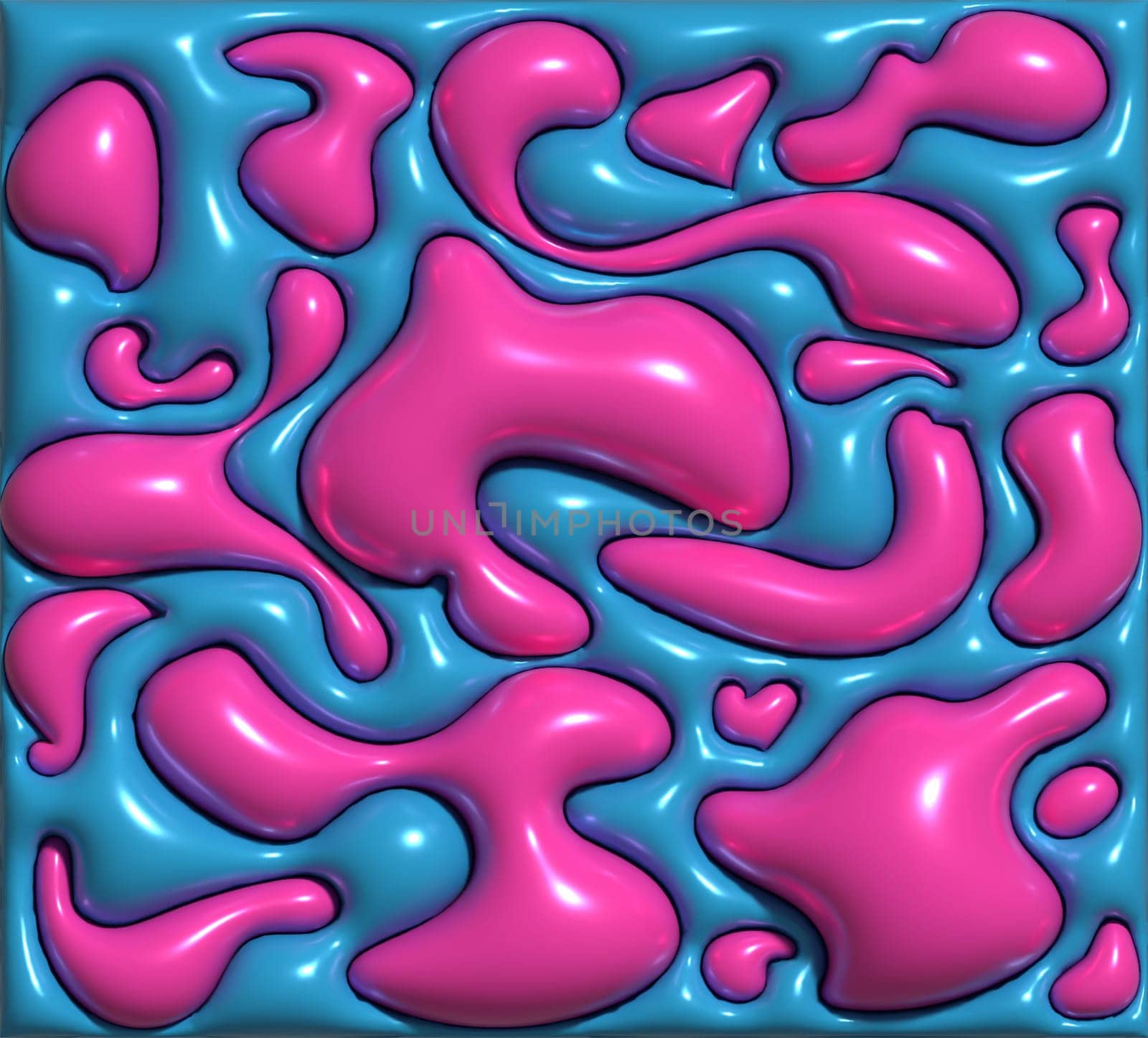 Blue background with inflated various pink figures, 3D rendering illustration
