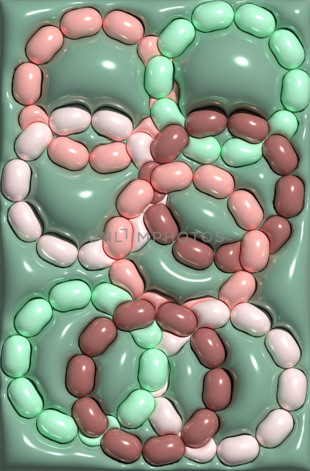 Green background with round volumetric shapes, 3D rendering illustration