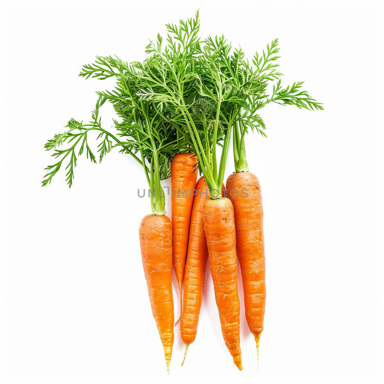 Bunch of fresh, vibrant orange carrots with green tops, isolated on a white background
