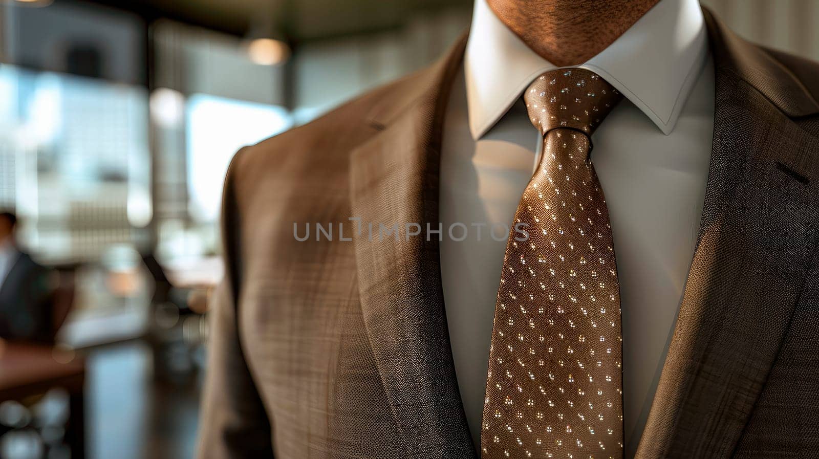 Closeup of torso of confident businessman wearing elegant suit and tie. AI generated